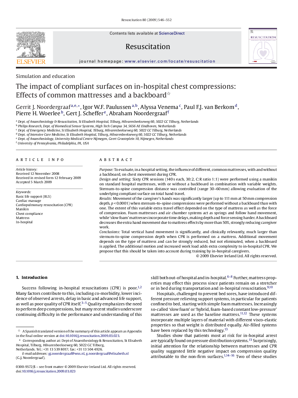 The impact of compliant surfaces on in-hospital chest compressions: Effects of common mattresses and a backboard 