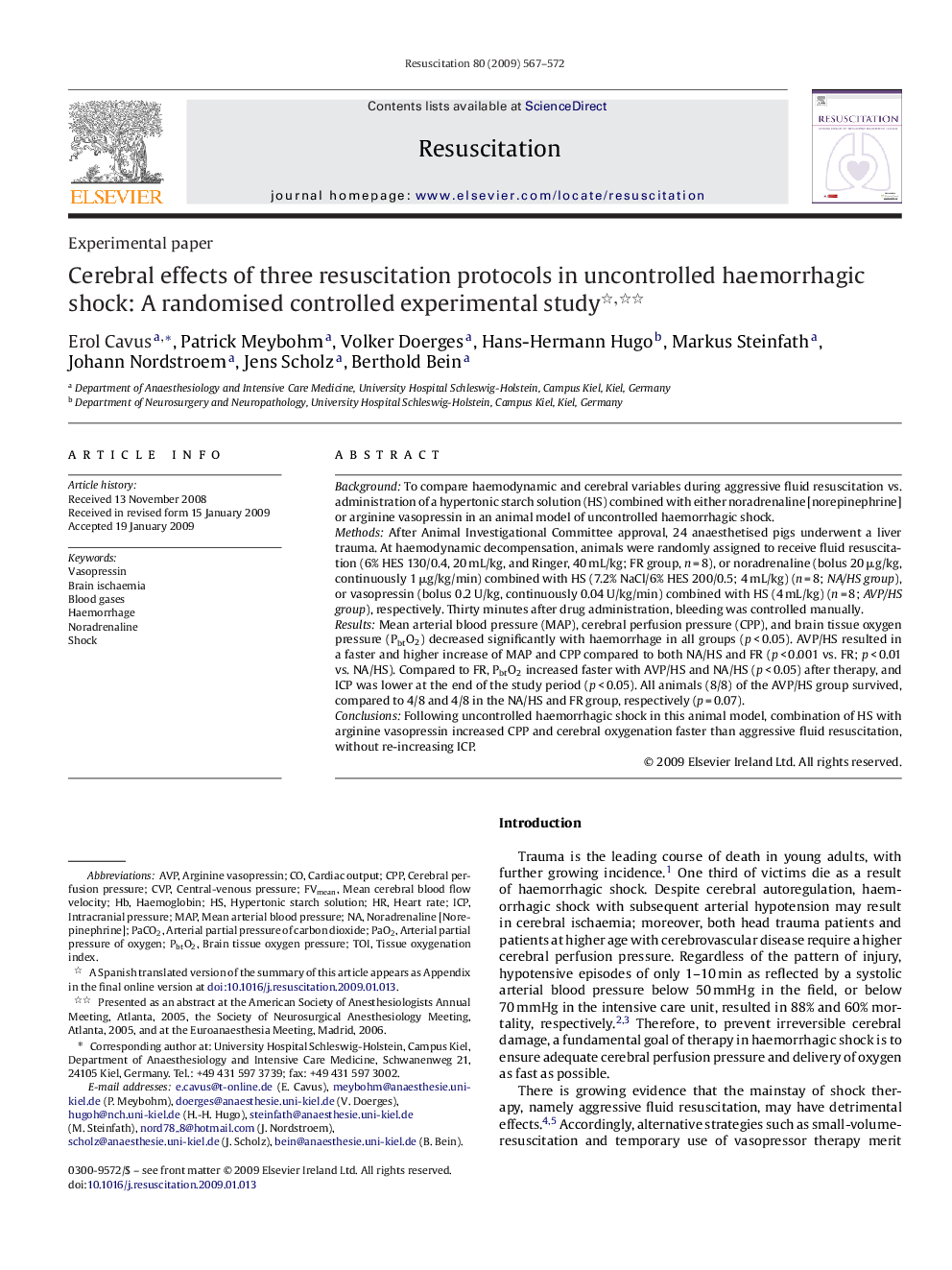 Cerebral effects of three resuscitation protocols in uncontrolled haemorrhagic shock: A randomised controlled experimental study 