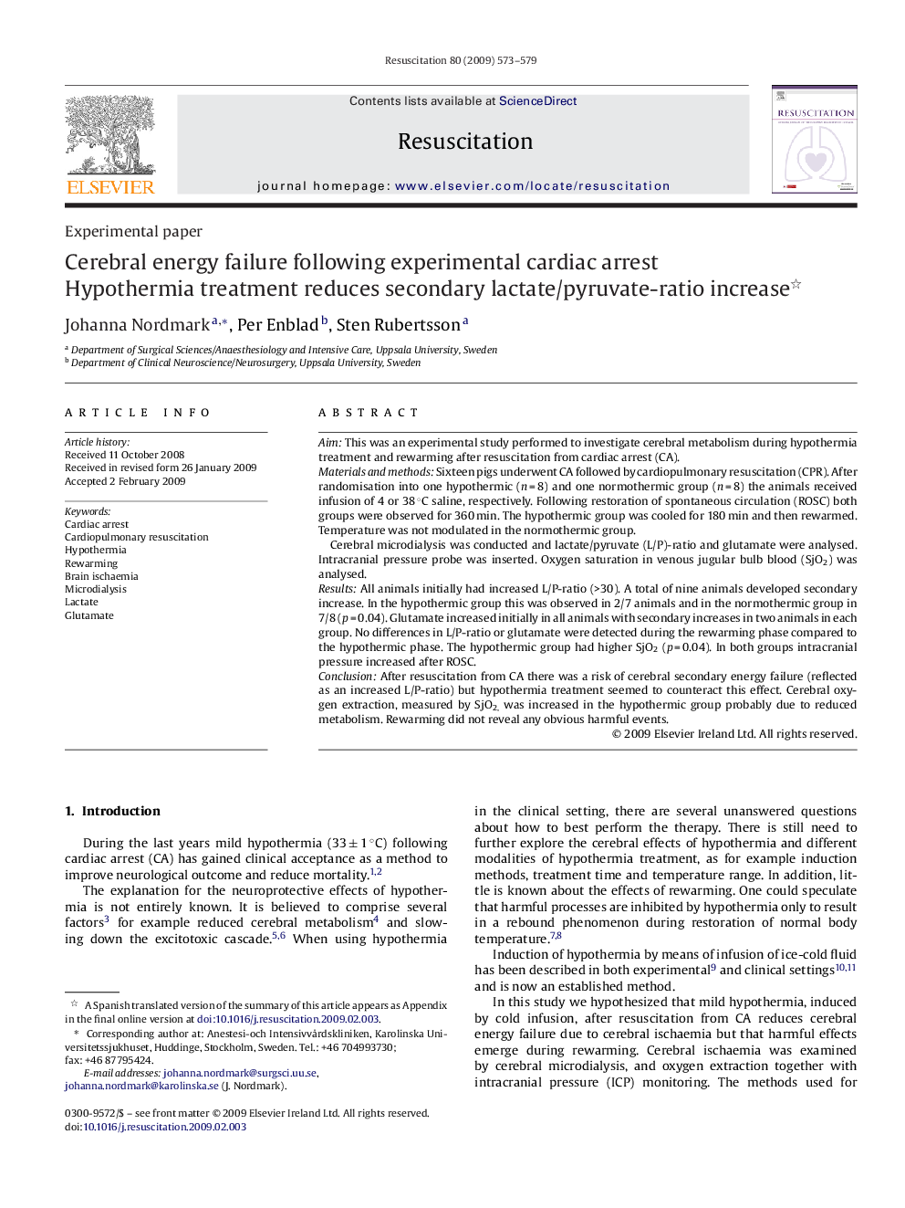 Cerebral energy failure following experimental cardiac arrest : Hypothermia treatment reduces secondary lactate/pyruvate-ratio increase