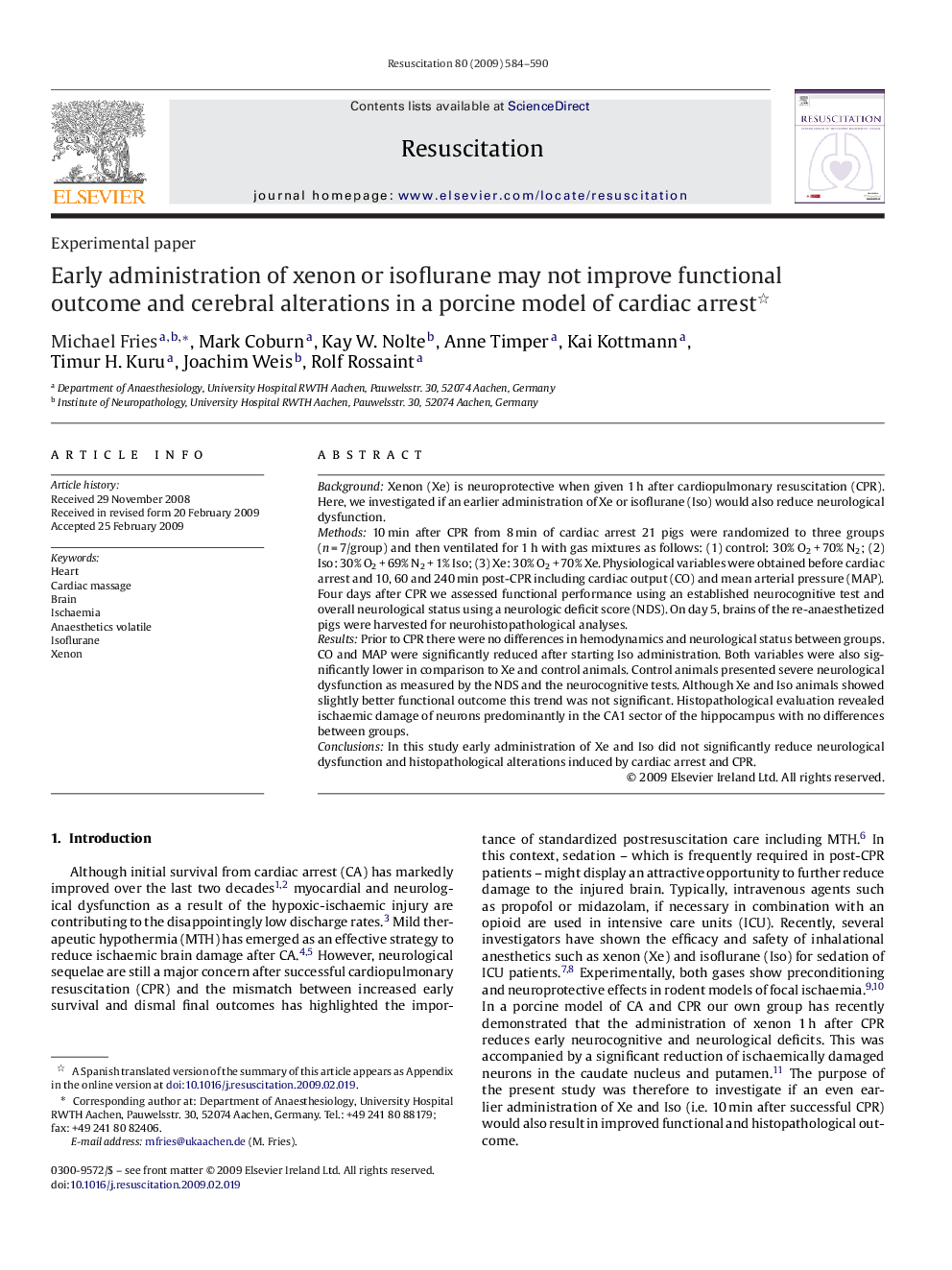 Early administration of xenon or isoflurane may not improve functional outcome and cerebral alterations in a porcine model of cardiac arrest 