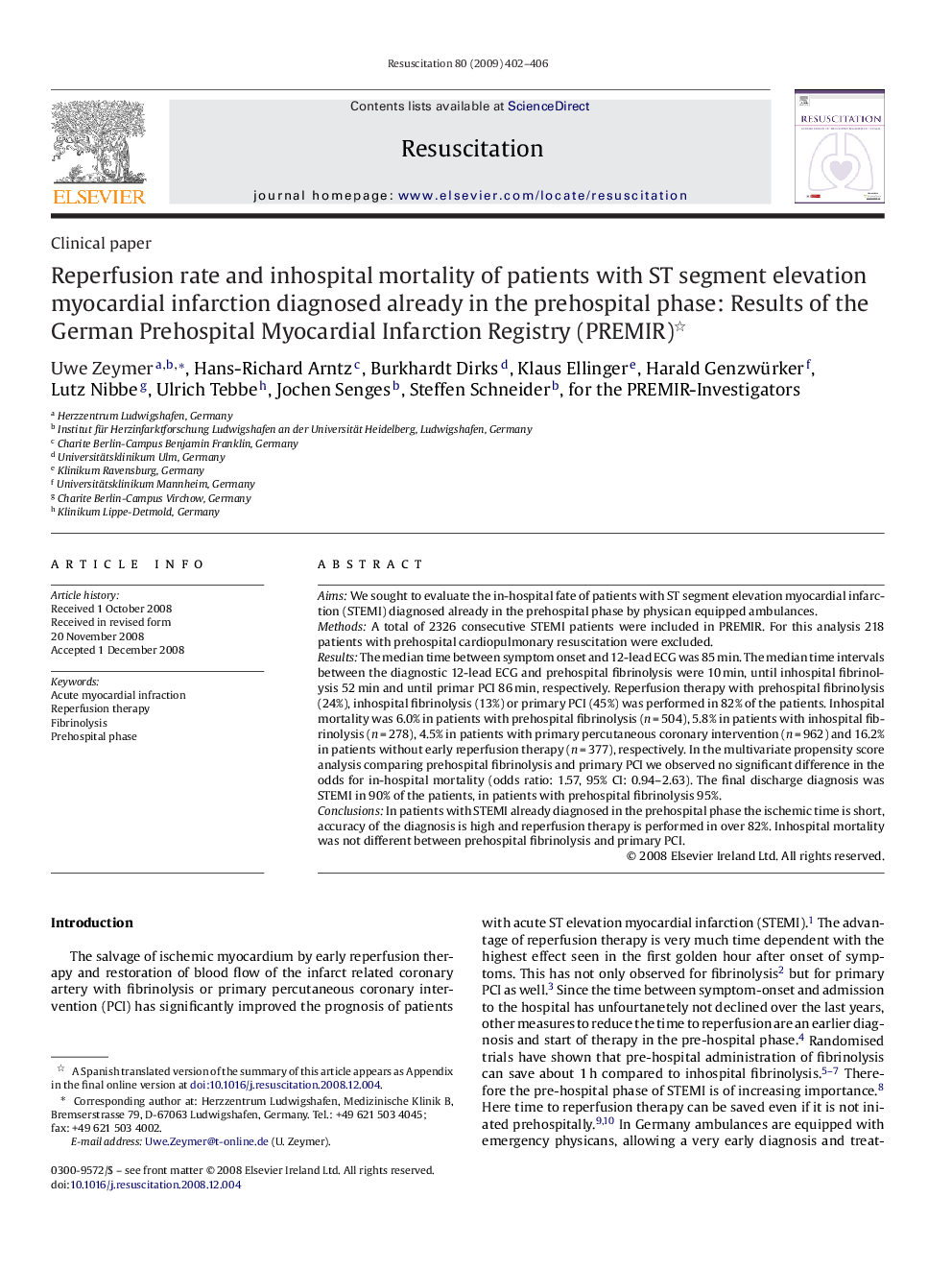 Reperfusion rate and inhospital mortality of patients with ST segment elevation myocardial infarction diagnosed already in the prehospital phase: Results of the German Prehospital Myocardial Infarction Registry (PREMIR) 