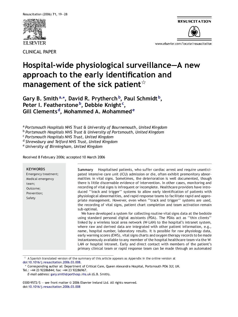 Hospital-wide physiological surveillance–A new approach to the early identification and management of the sick patient 