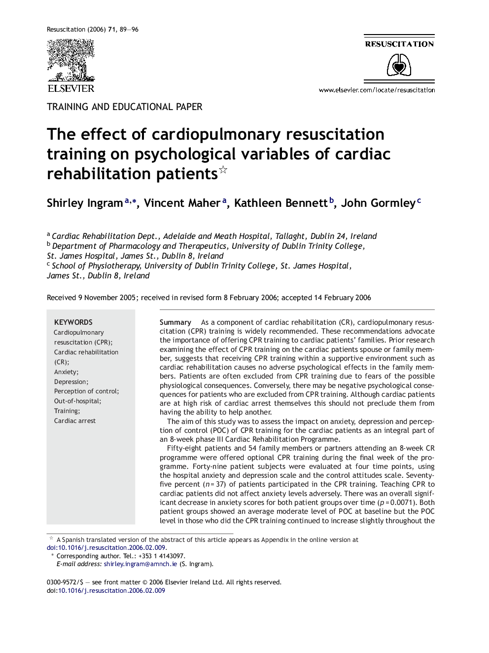 The effect of cardiopulmonary resuscitation training on psychological variables of cardiac rehabilitation patients 