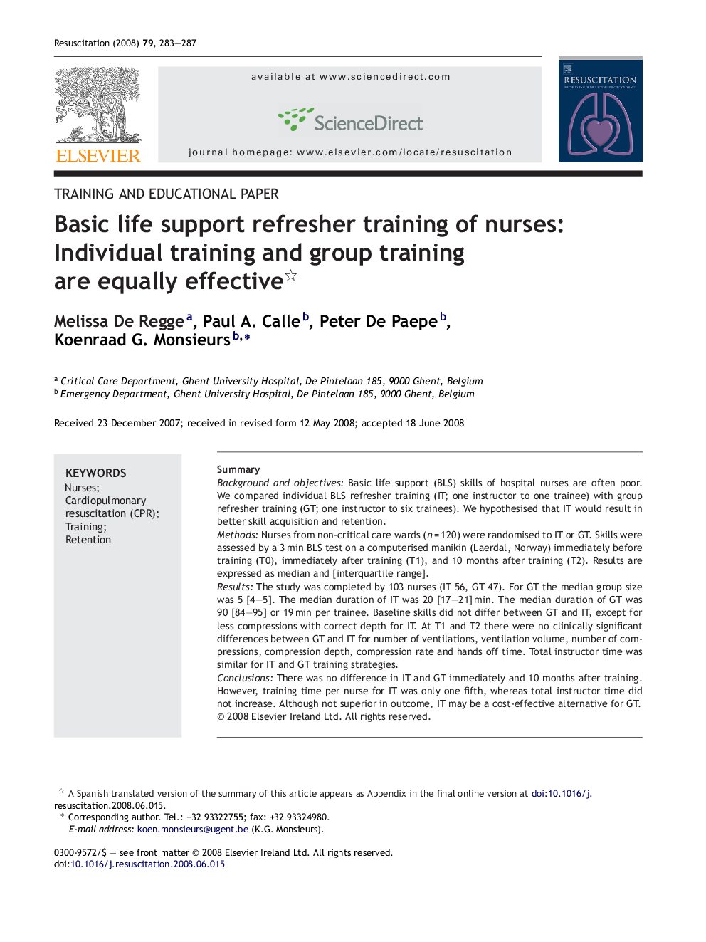 Basic life support refresher training of nurses: Individual training and group training are equally effective 