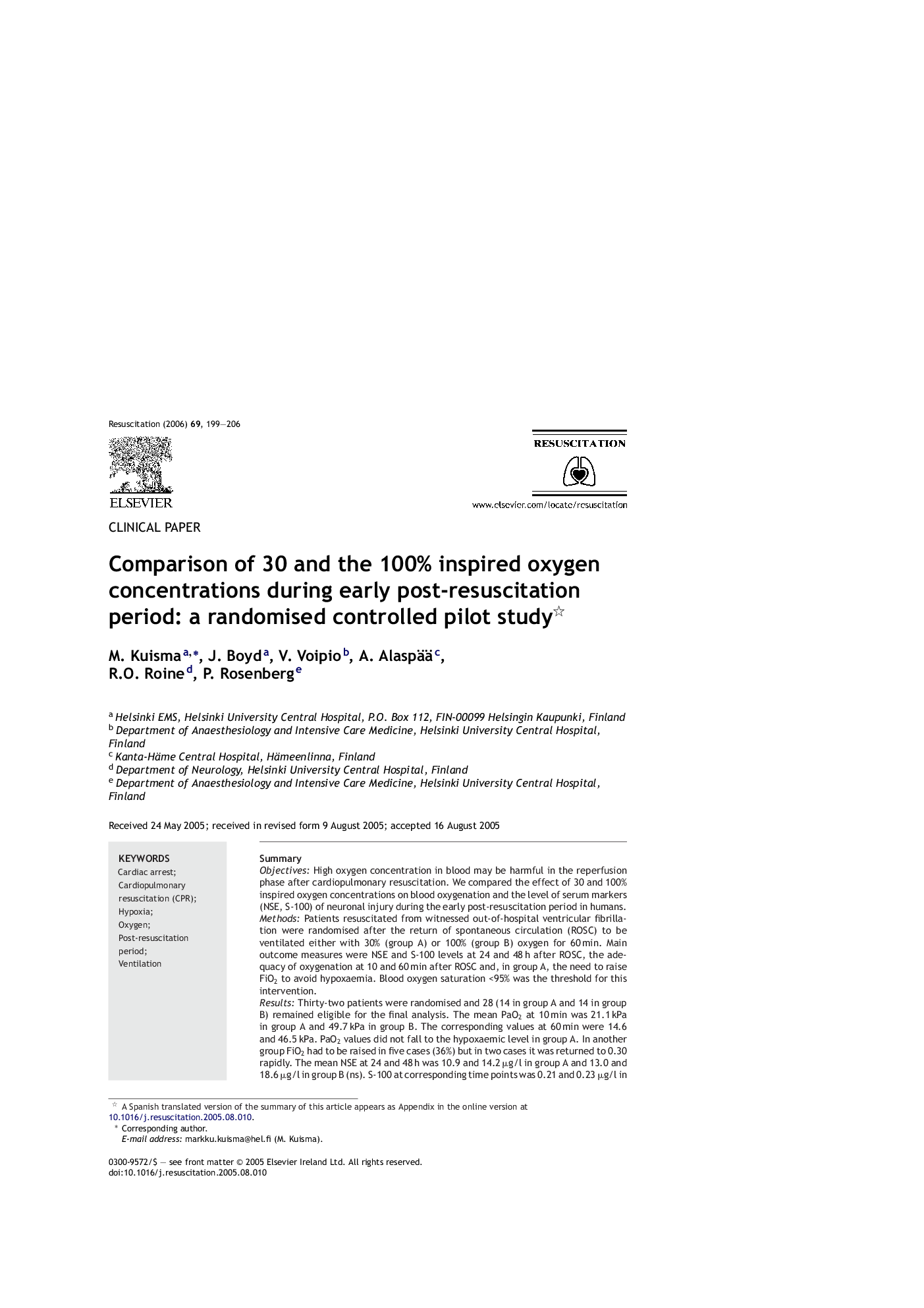 Comparison of 30 and the 100% inspired oxygen concentrations during early post-resuscitation period: a randomised controlled pilot study 