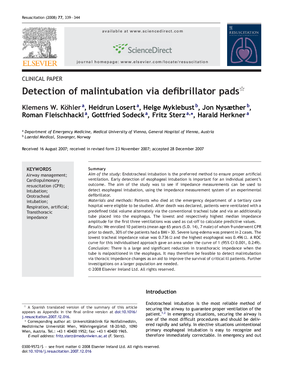 Detection of malintubation via defibrillator pads 