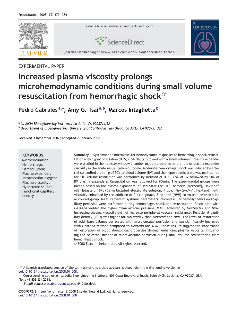 Increased plasma viscosity prolongs microhemodynamic conditions during small volume resuscitation from hemorrhagic shock 