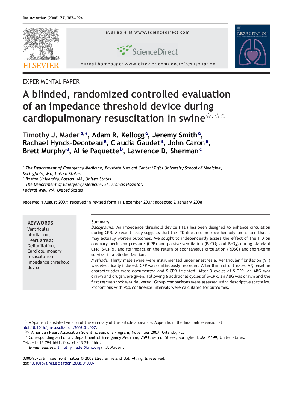 A blinded, randomized controlled evaluation of an impedance threshold device during cardiopulmonary resuscitation in swine 