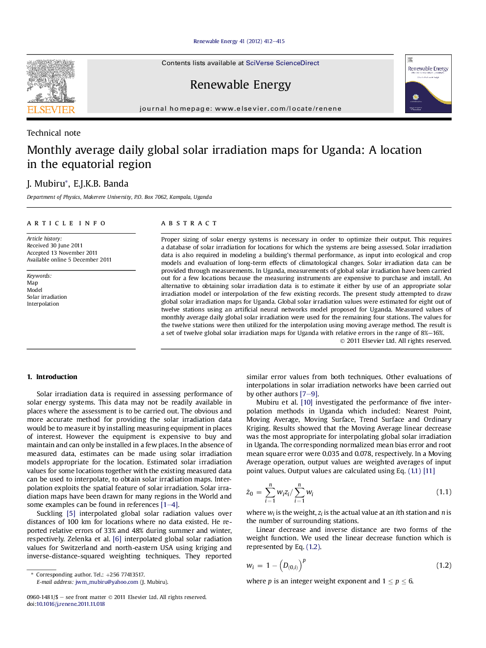 Monthly average daily global solar irradiation maps for Uganda: A location in the equatorial region