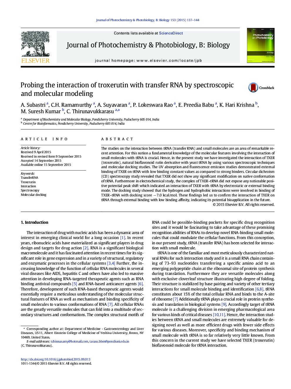 Probing the interaction of troxerutin with transfer RNA by spectroscopic and molecular modeling