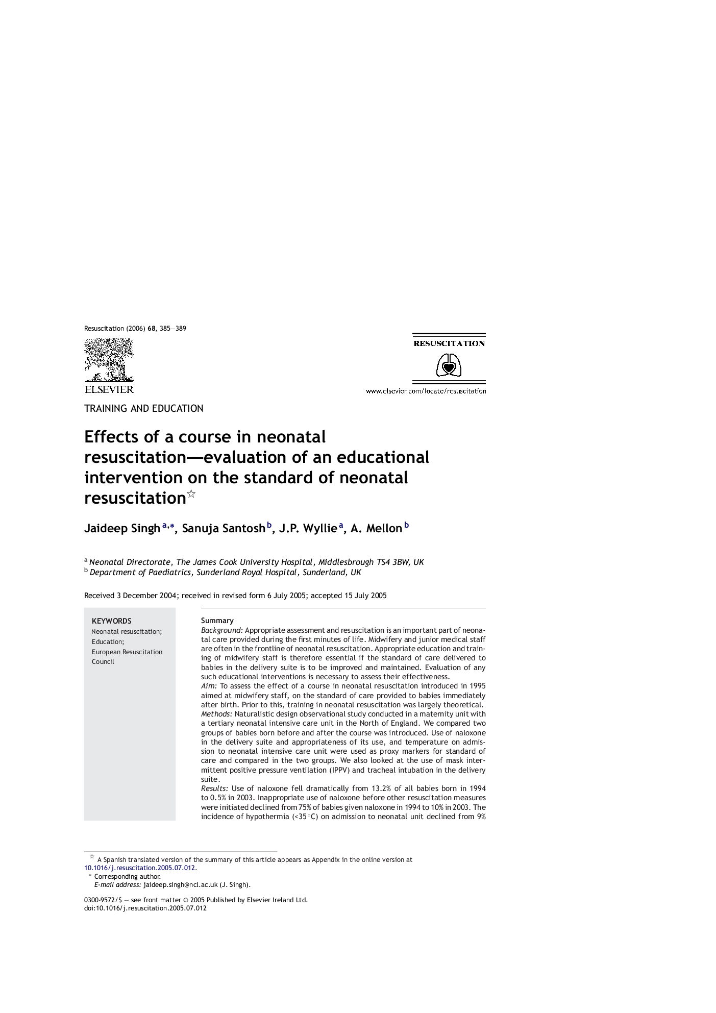 Effects of a course in neonatal resuscitation—evaluation of an educational intervention on the standard of neonatal resuscitation 