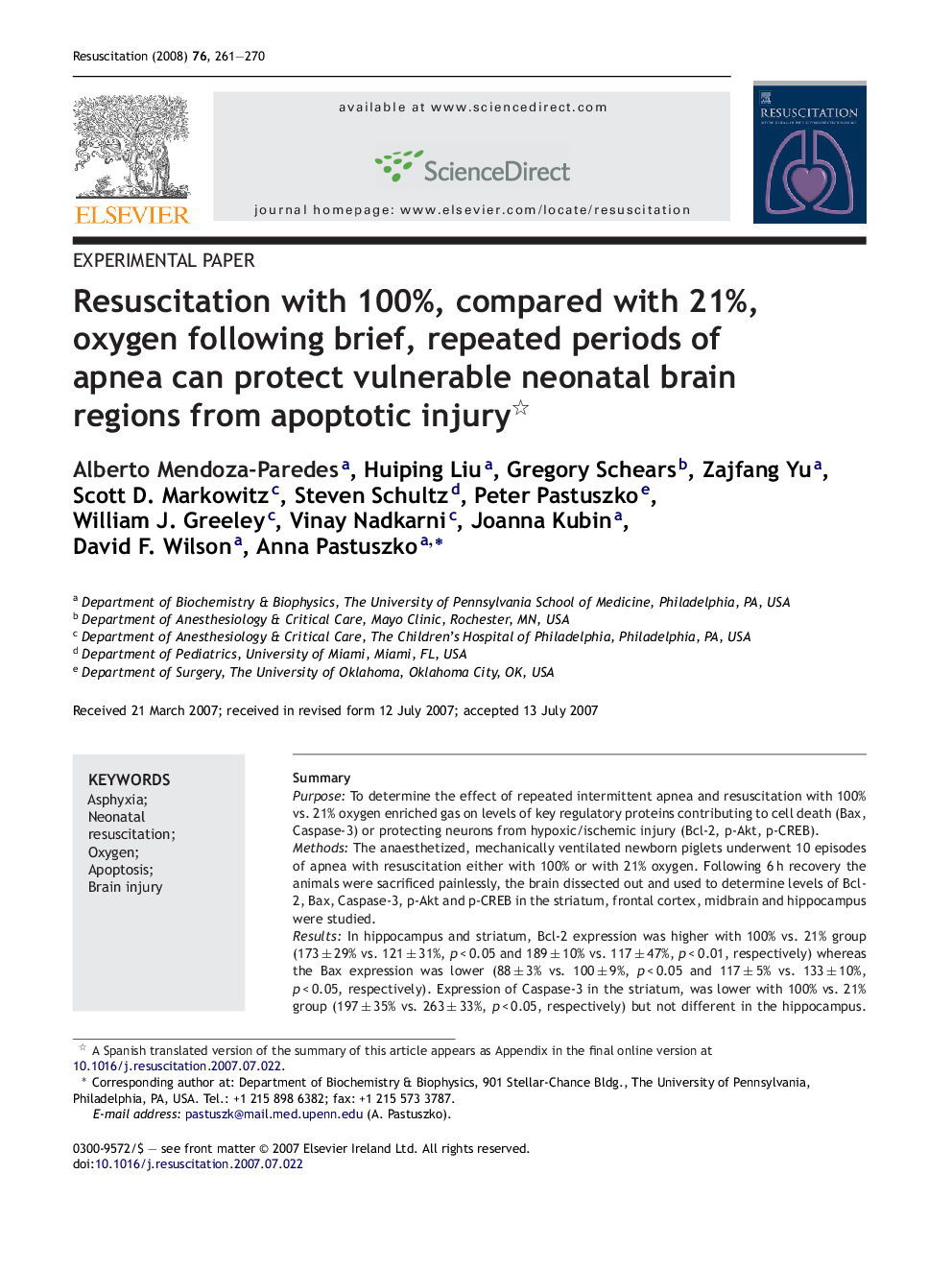 Resuscitation with 100%, compared with 21%, oxygen following brief, repeated periods of apnea can protect vulnerable neonatal brain regions from apoptotic injury