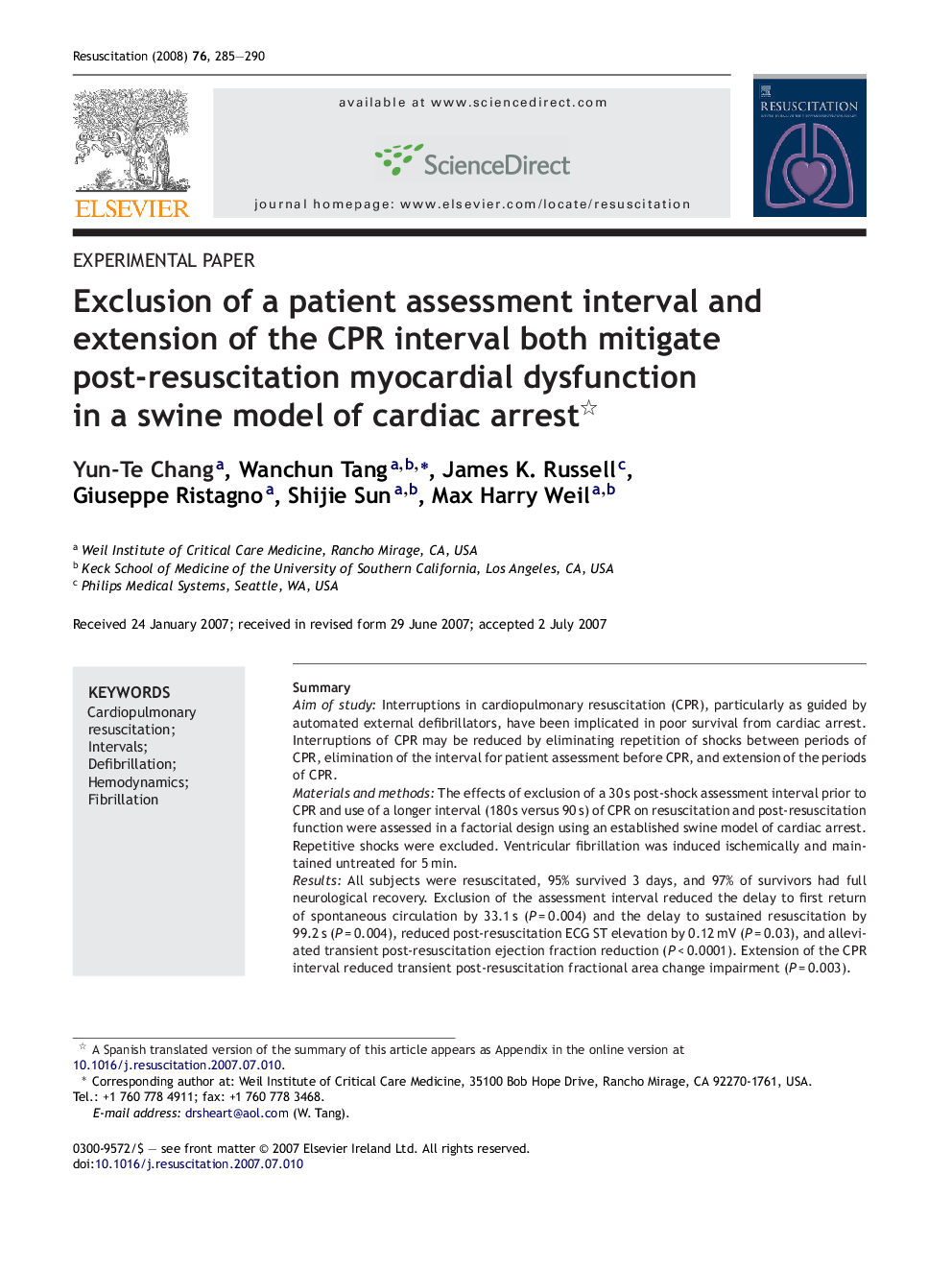 Exclusion of a patient assessment interval and extension of the CPR interval both mitigate post-resuscitation myocardial dysfunction in a swine model of cardiac arrest