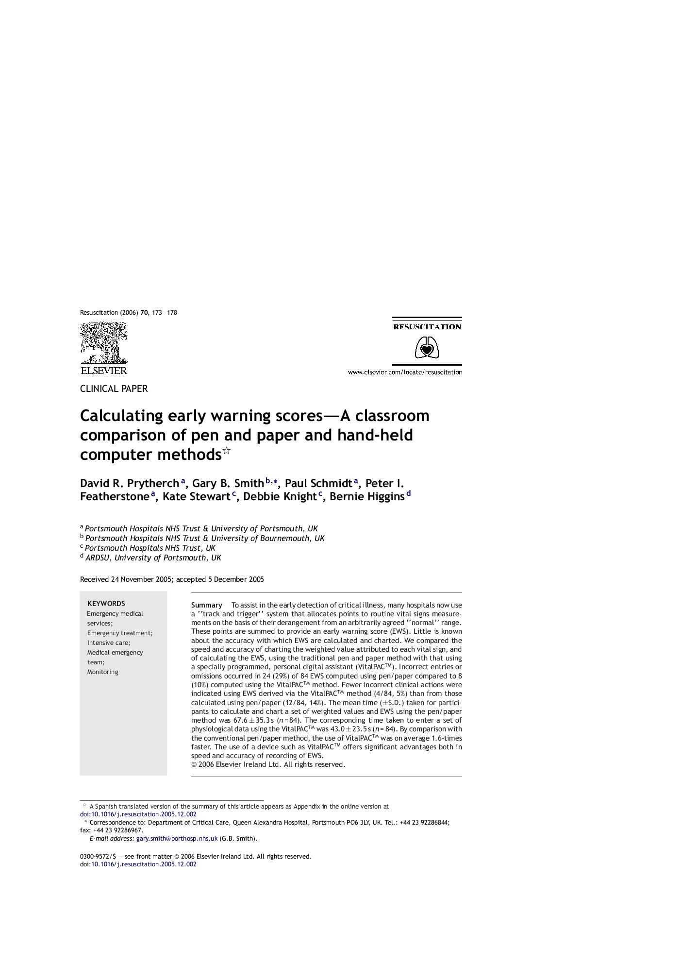 Calculating early warning scores—A classroom comparison of pen and paper and hand-held computer methods 