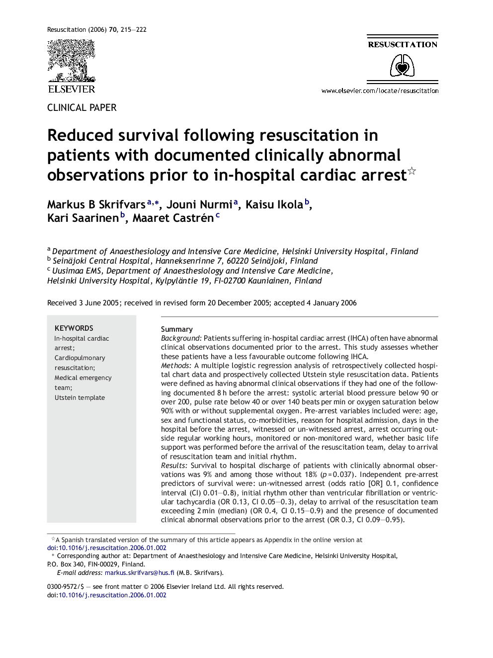 Reduced survival following resuscitation in patients with documented clinically abnormal observations prior to in-hospital cardiac arrest 