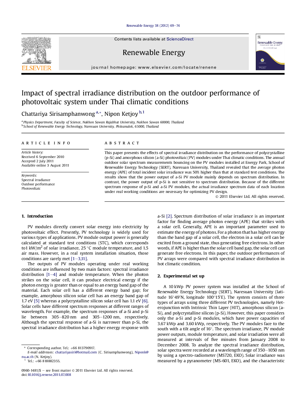 Impact of spectral irradiance distribution on the outdoor performance of photovoltaic system under Thai climatic conditions