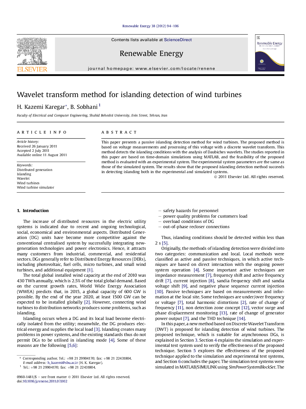 Wavelet transform method for islanding detection of wind turbines