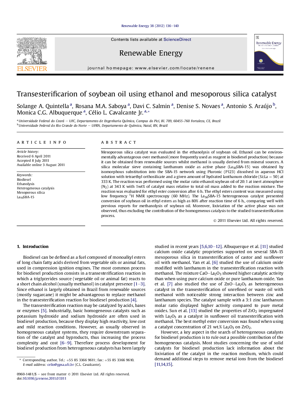 Transesterificarion of soybean oil using ethanol and mesoporous silica catalyst