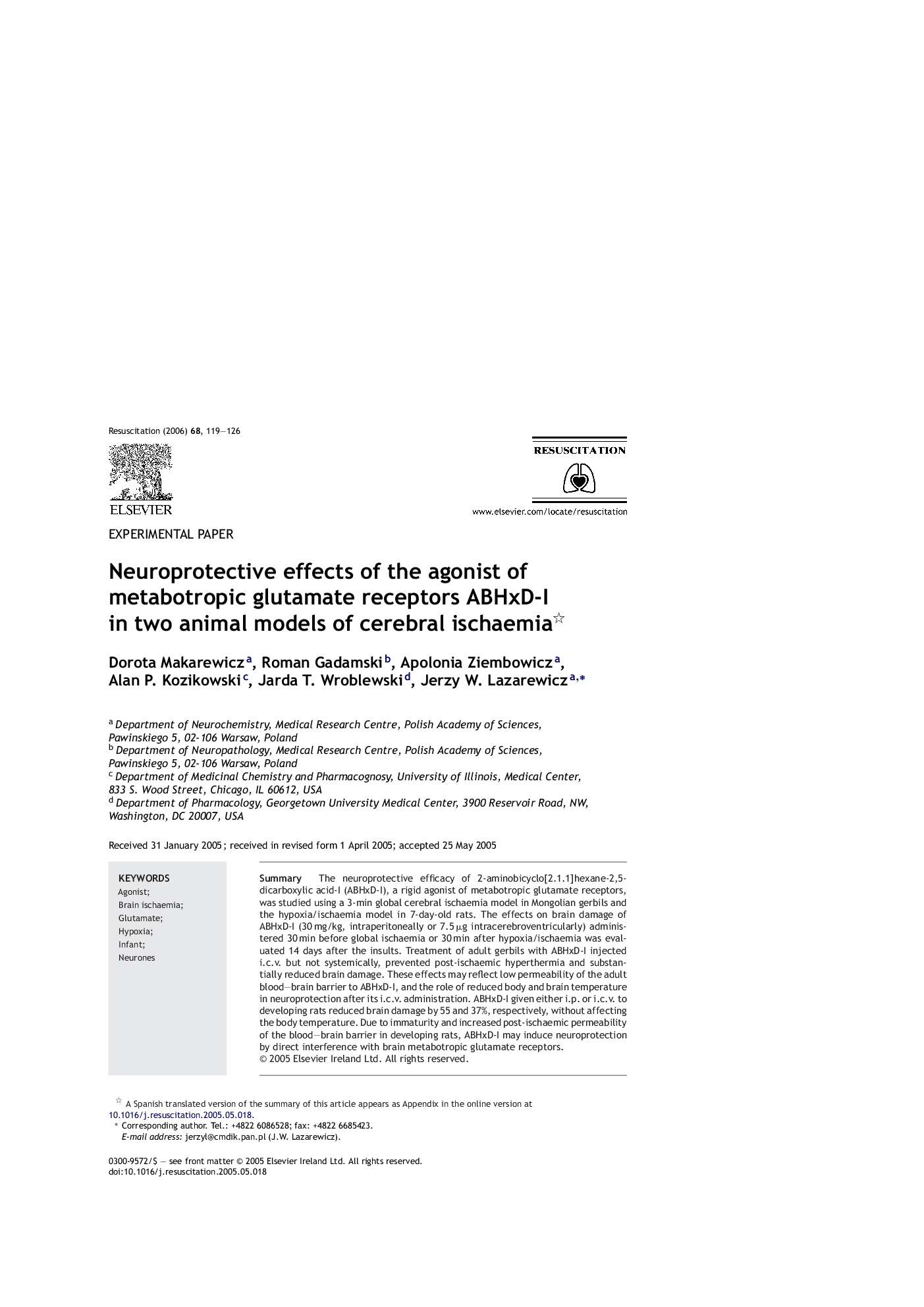 Neuroprotective effects of the agonist of metabotropic glutamate receptors ABHxD-I in two animal models of cerebral ischaemia 