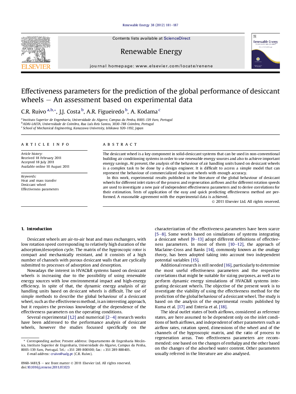 Effectiveness parameters for the prediction of the global performance of desiccant wheels – An assessment based on experimental data