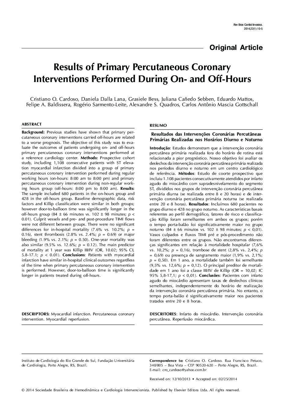 Results of Primary Percutaneous Coronary Interventions Performed During On- and Off-Hours