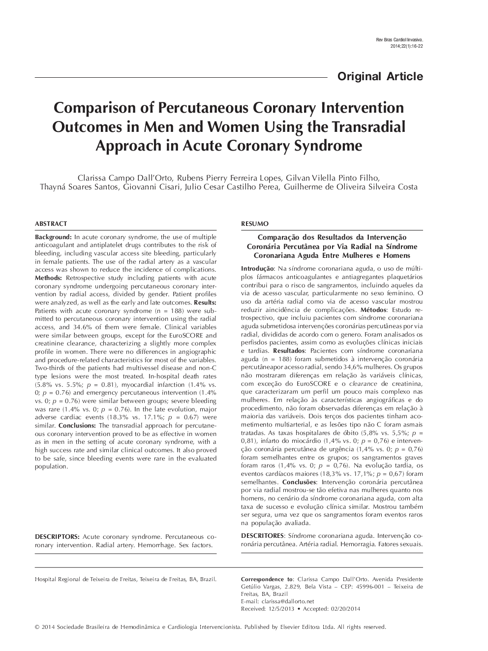 Comparison of Percutaneous Coronary Intervention Outcomes in Men and Women Using the Transradial Approach in Acute Coronary Syndrome