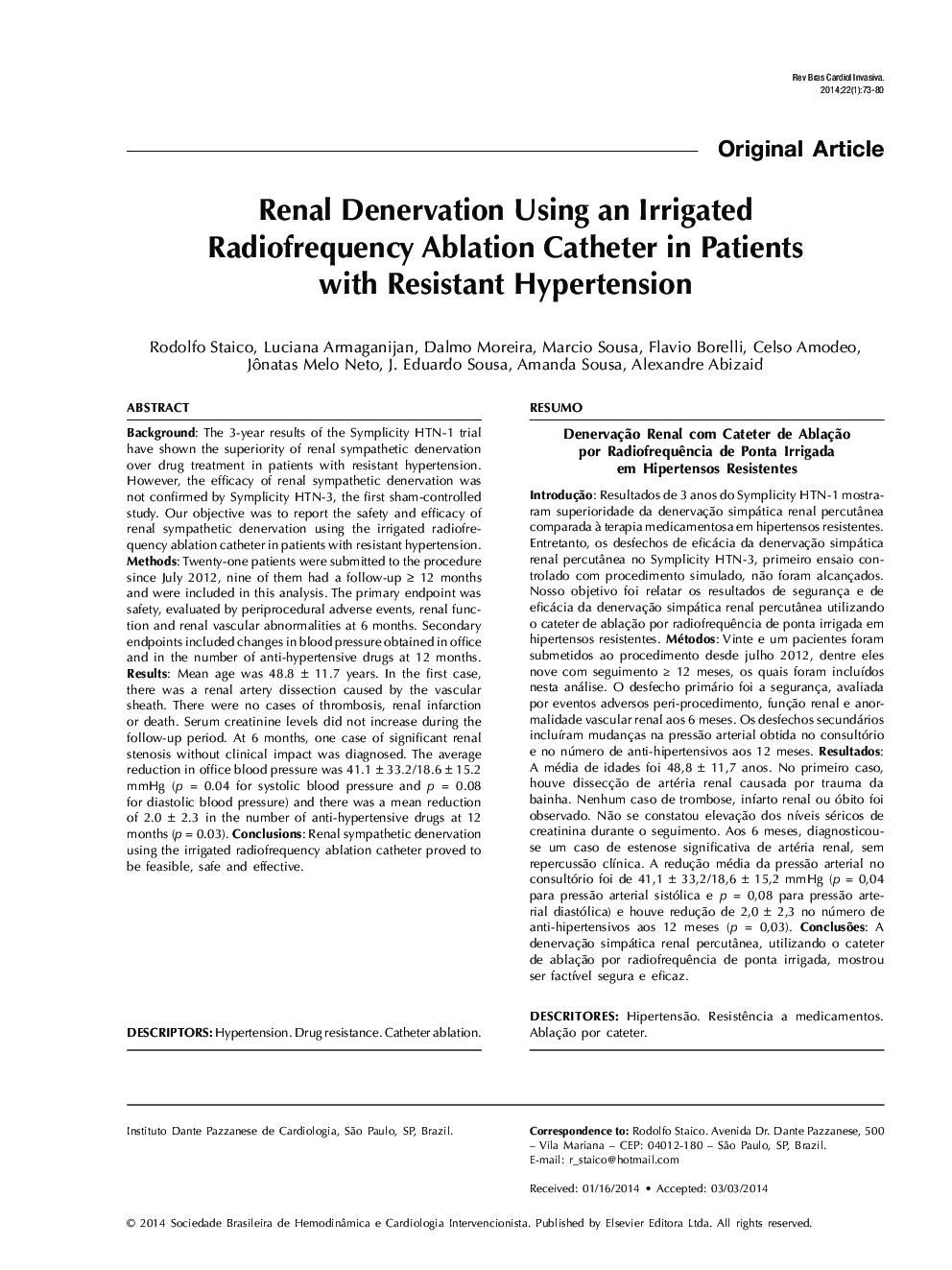 Renal Denervation Using an Irrigated Radiofrequency Ablation Catheter in Patients with Resistant Hypertension