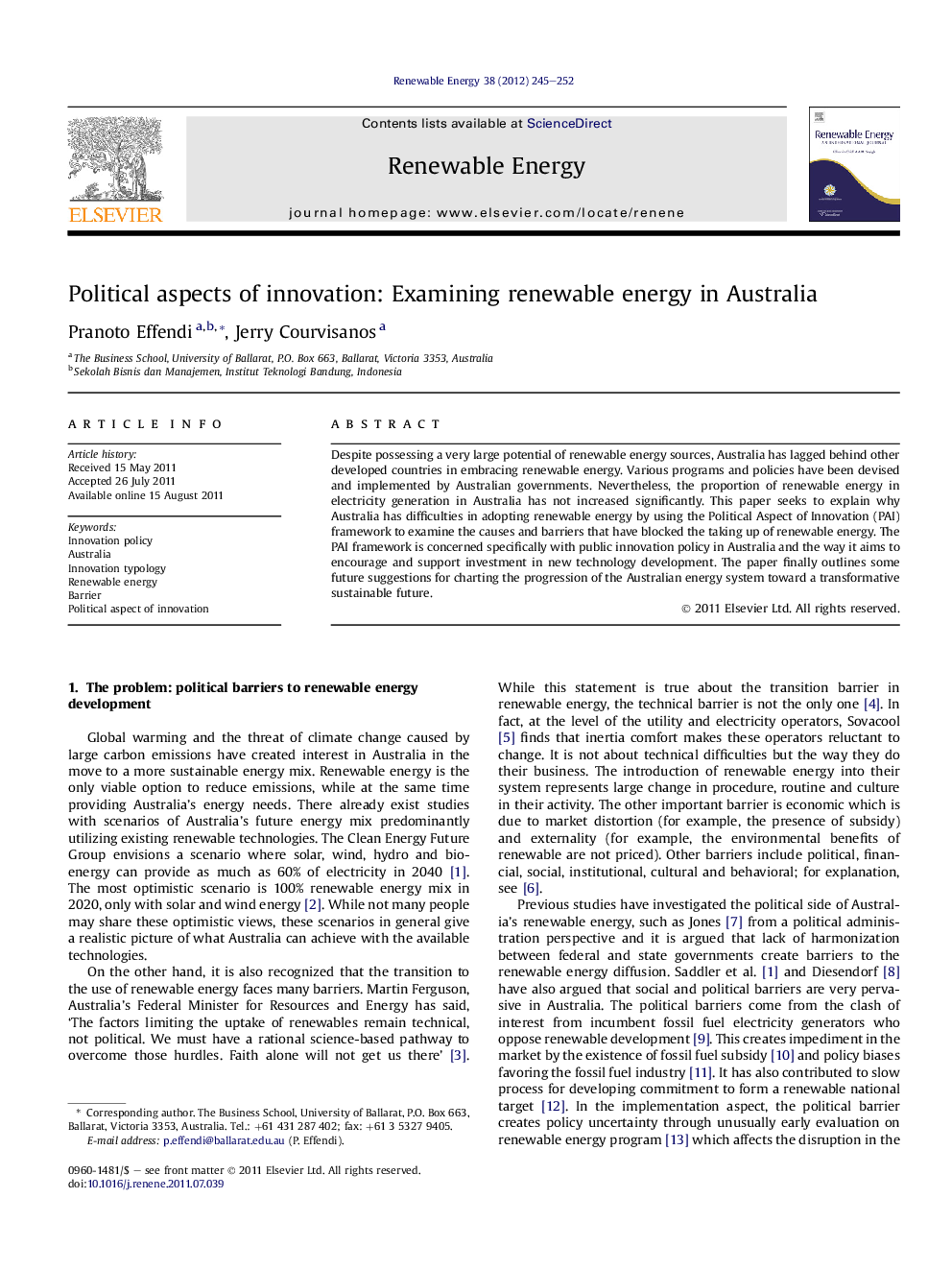 Political aspects of innovation: Examining renewable energy in Australia