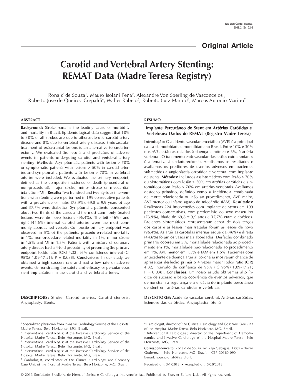 Carotid and Vertebral Artery Stenting: REMAT Data (Madre Teresa Registry)