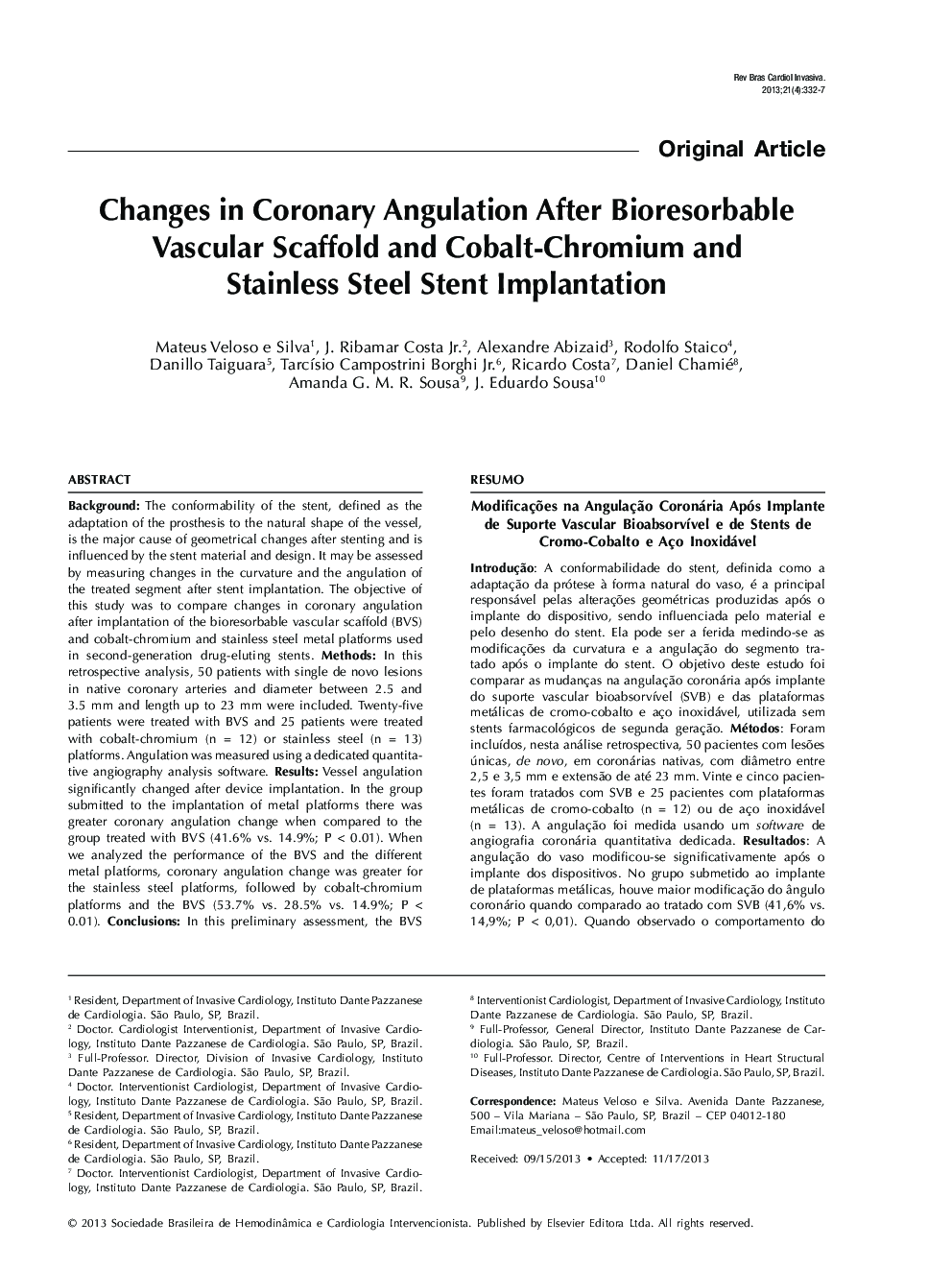 Changes in Coronary Angulation After Bioresorbable Vascular Scaffold and Cobalt-Chromium and Stainless Steel Stent Implantation
