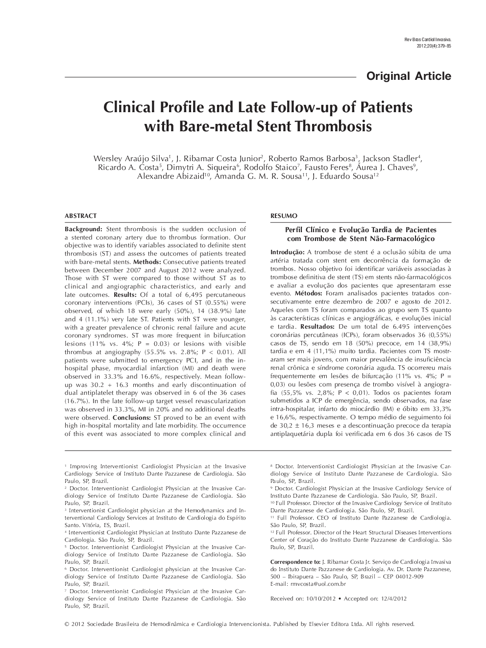 Clinical Profile and Late Follow-up of Patients with Bare-metal Stent Thrombosis