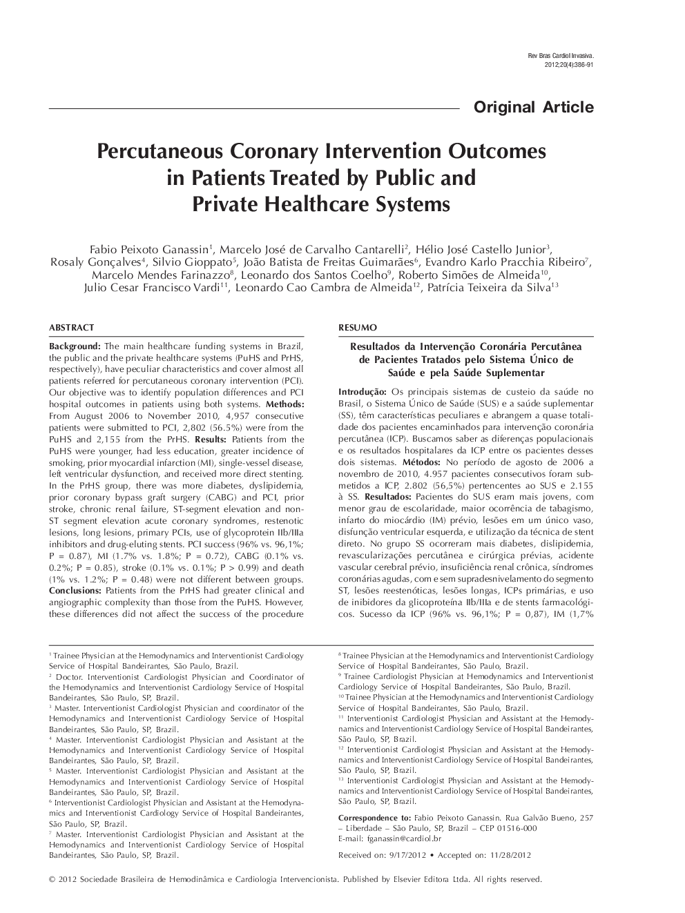 Percutaneous Coronary Intervention Outcomes in Patients Treated by Public and Private Healthcare Systems