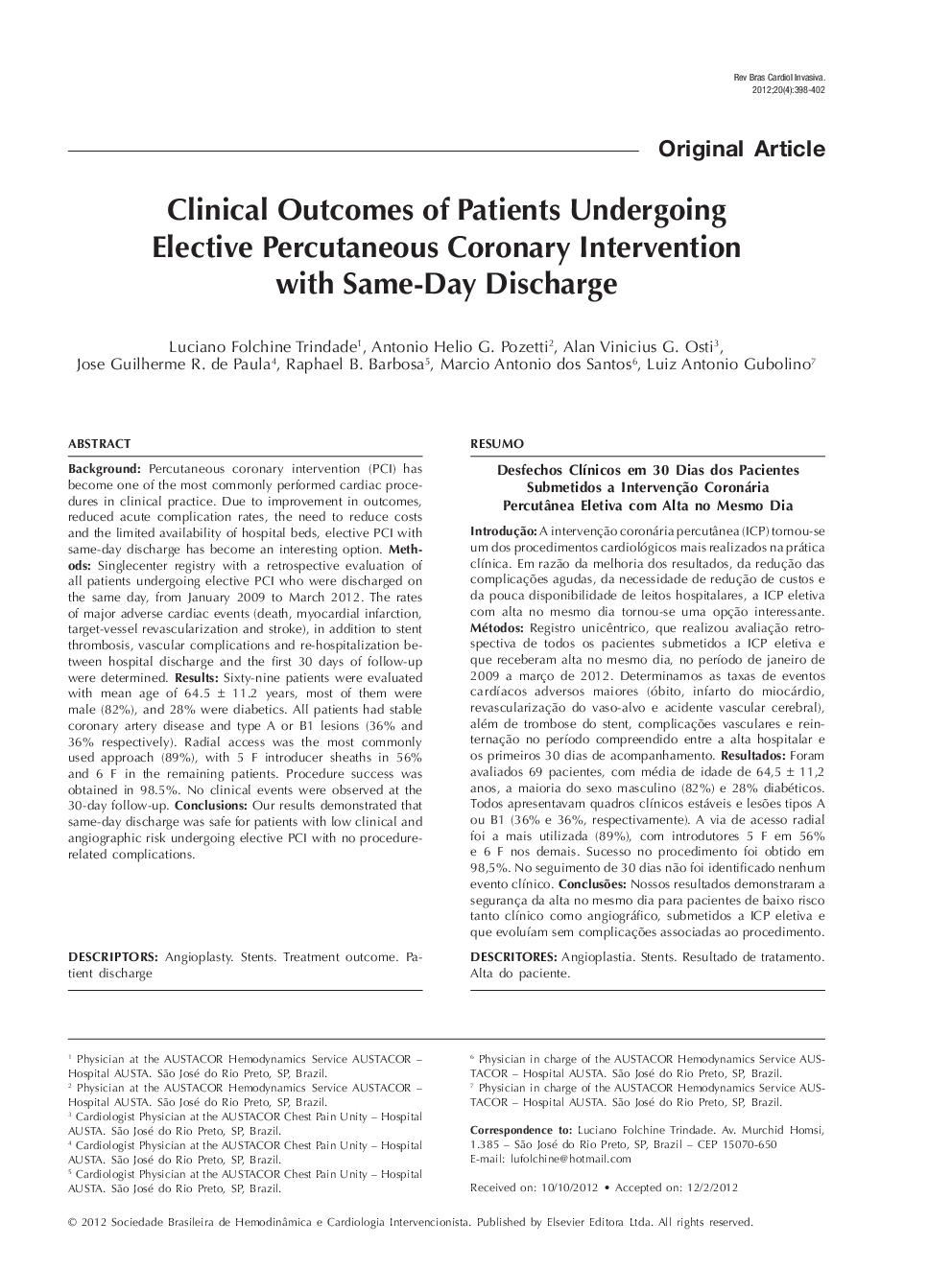 Clinical Outcomes of Patients Undergoing Elective Percutaneous Coronary Intervention with Same-Day Discharge