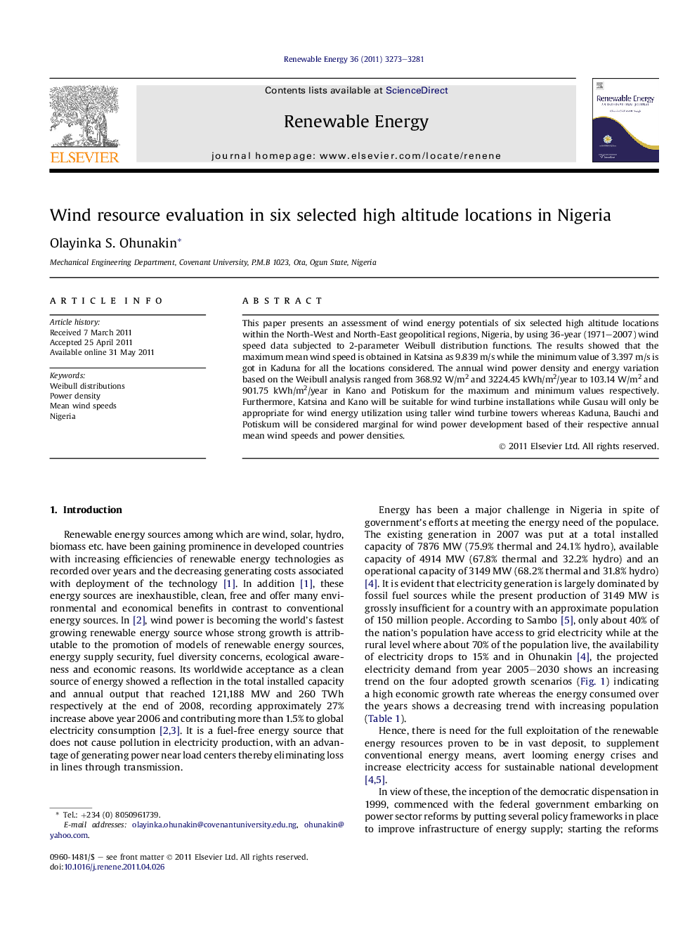 Wind resource evaluation in six selected high altitude locations in Nigeria