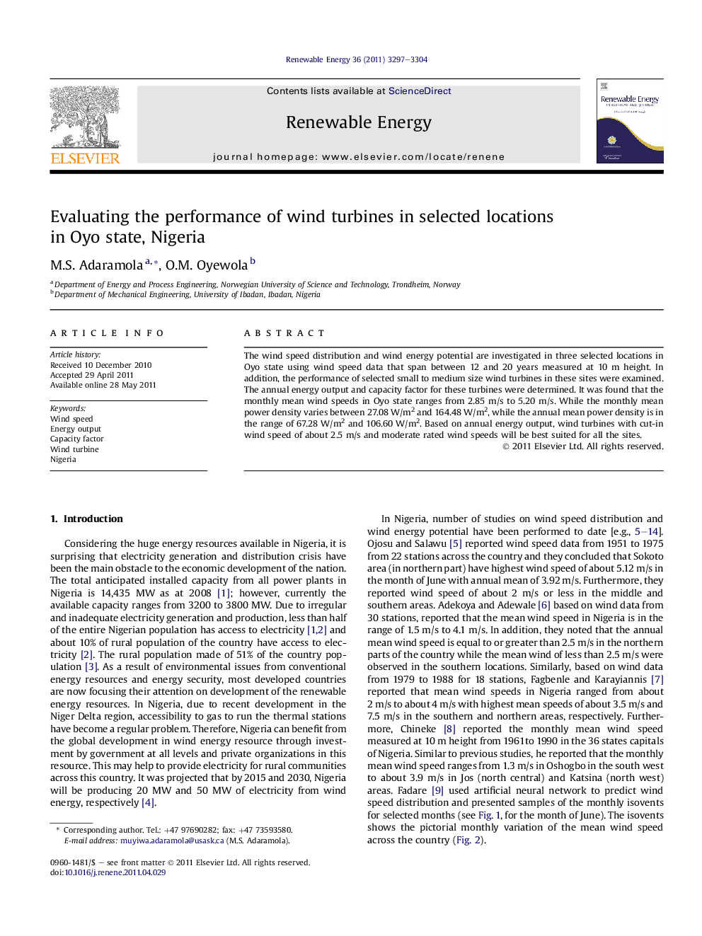 Evaluating the performance of wind turbines in selected locations in Oyo state, Nigeria