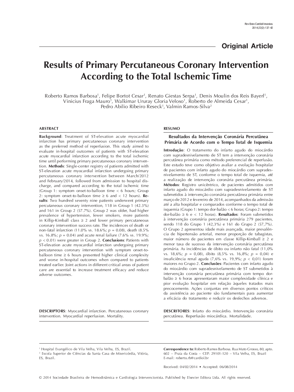 Results of Primary Percutaneous Coronary Intervention According to the Total Ischemic Time