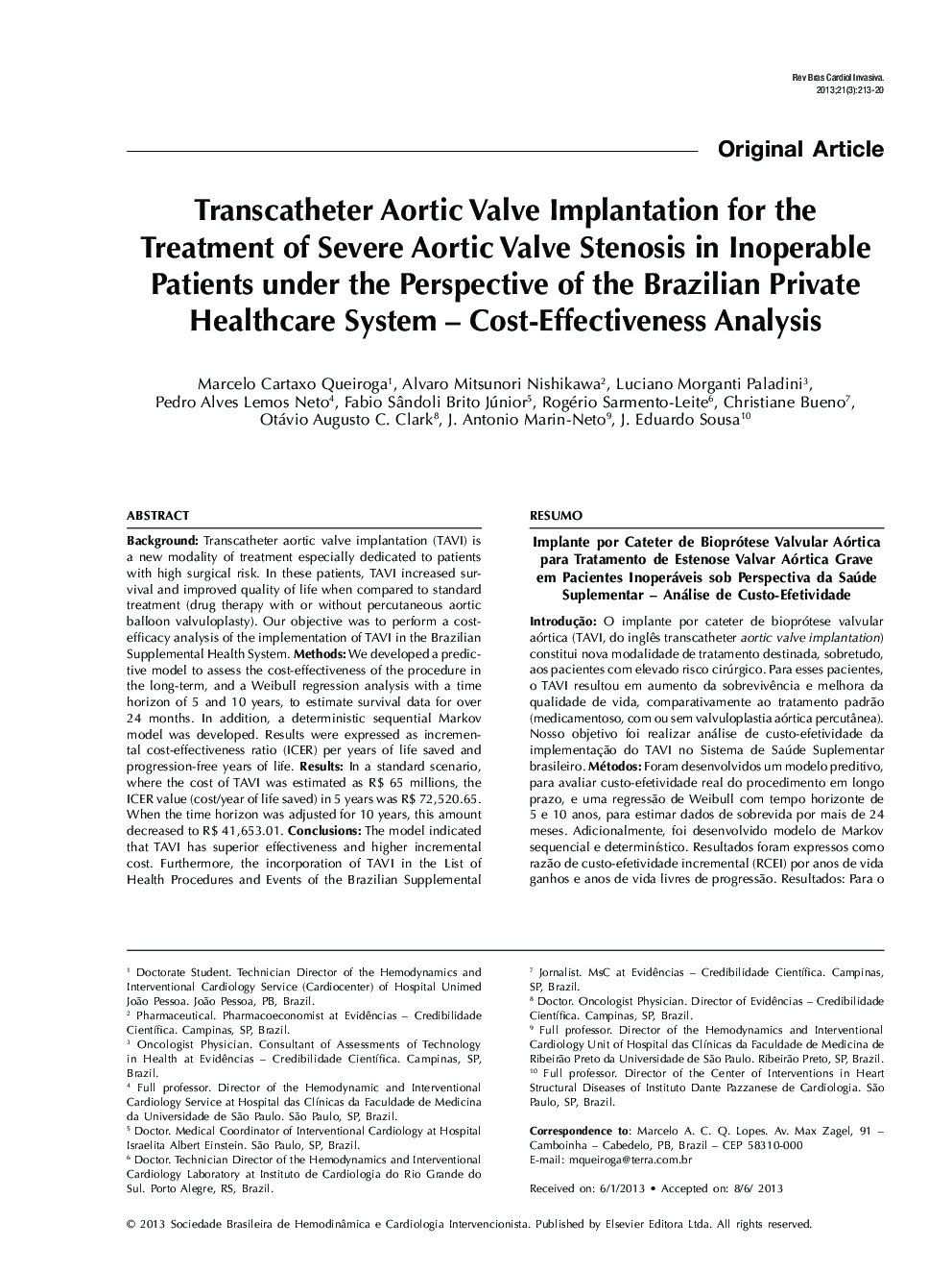 Transcatheter Aortic Valve Implantation for the Treatment of Severe Aortic Valve Stenosis in Inoperable Patients under the Perspective of the Brazilian Private Healthcare System – Cost-Effectiveness Analysis