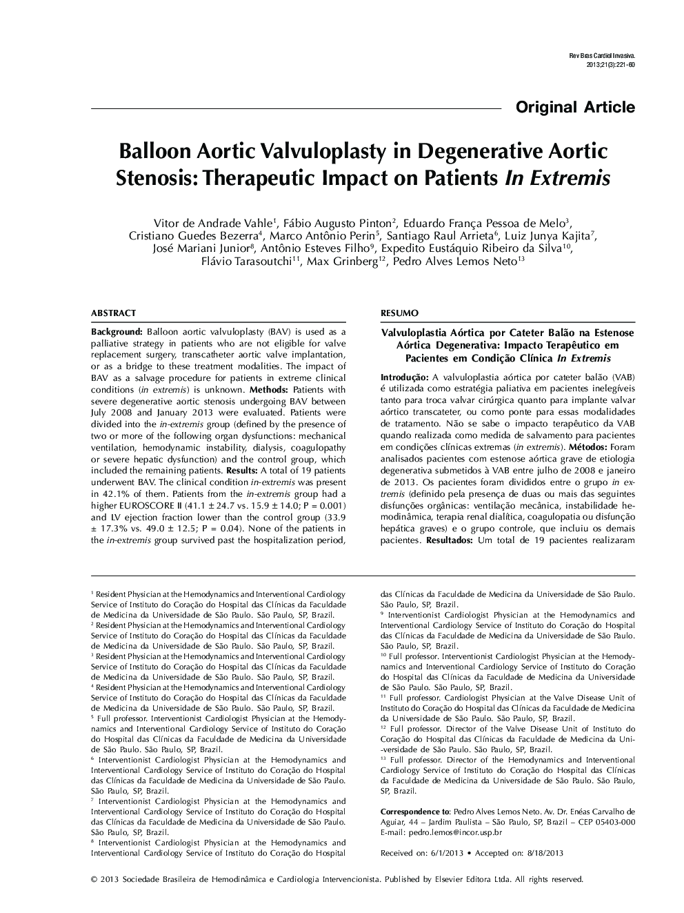 Balloon Aortic Valvuloplasty in Degenerative Aortic Stenosis: Therapeutic Impact on Patients In Extremis