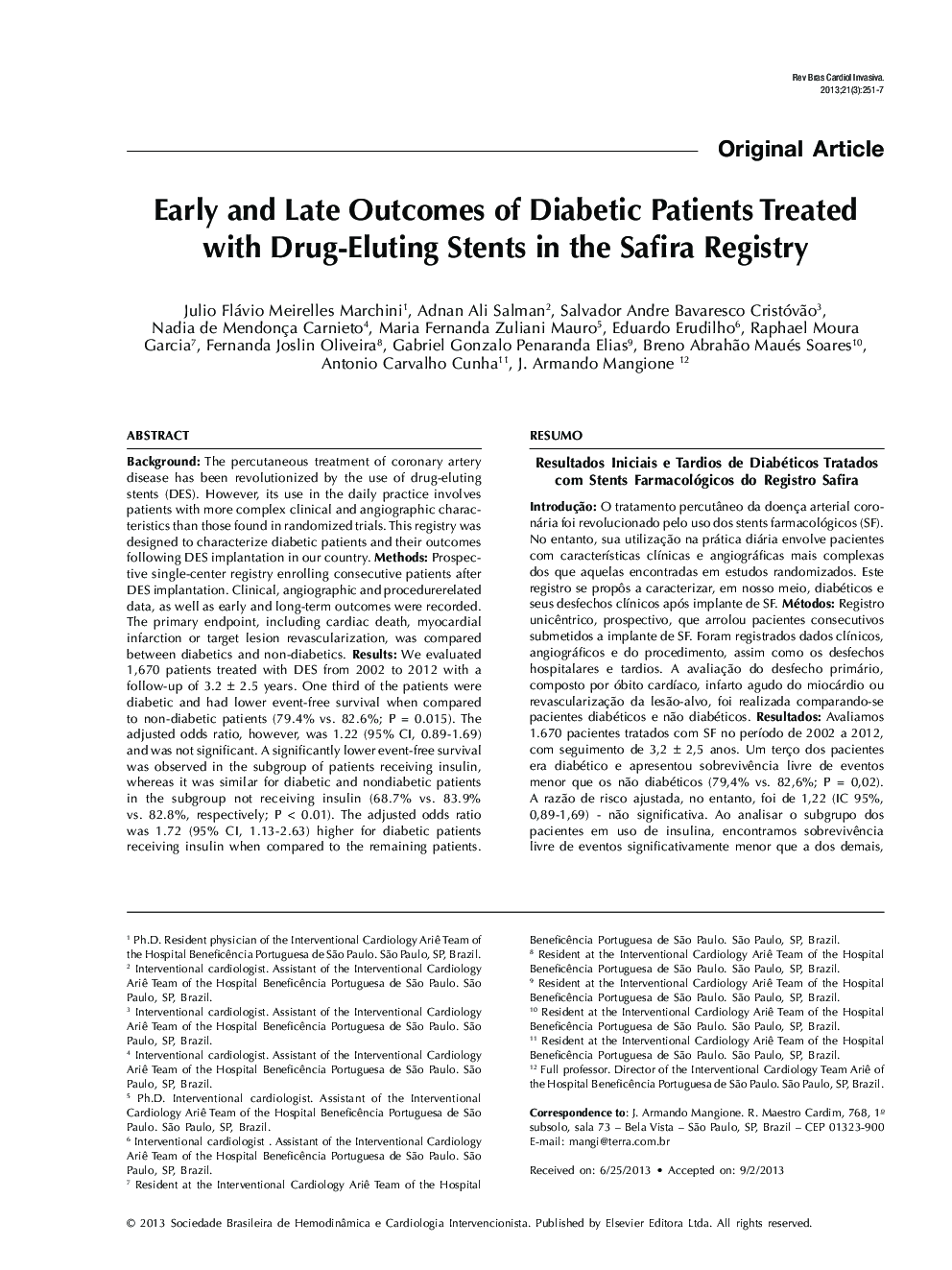 Early and Late Outcomes of Diabetic Patients Treated with Drug-Eluting Stents in the Safira Registry