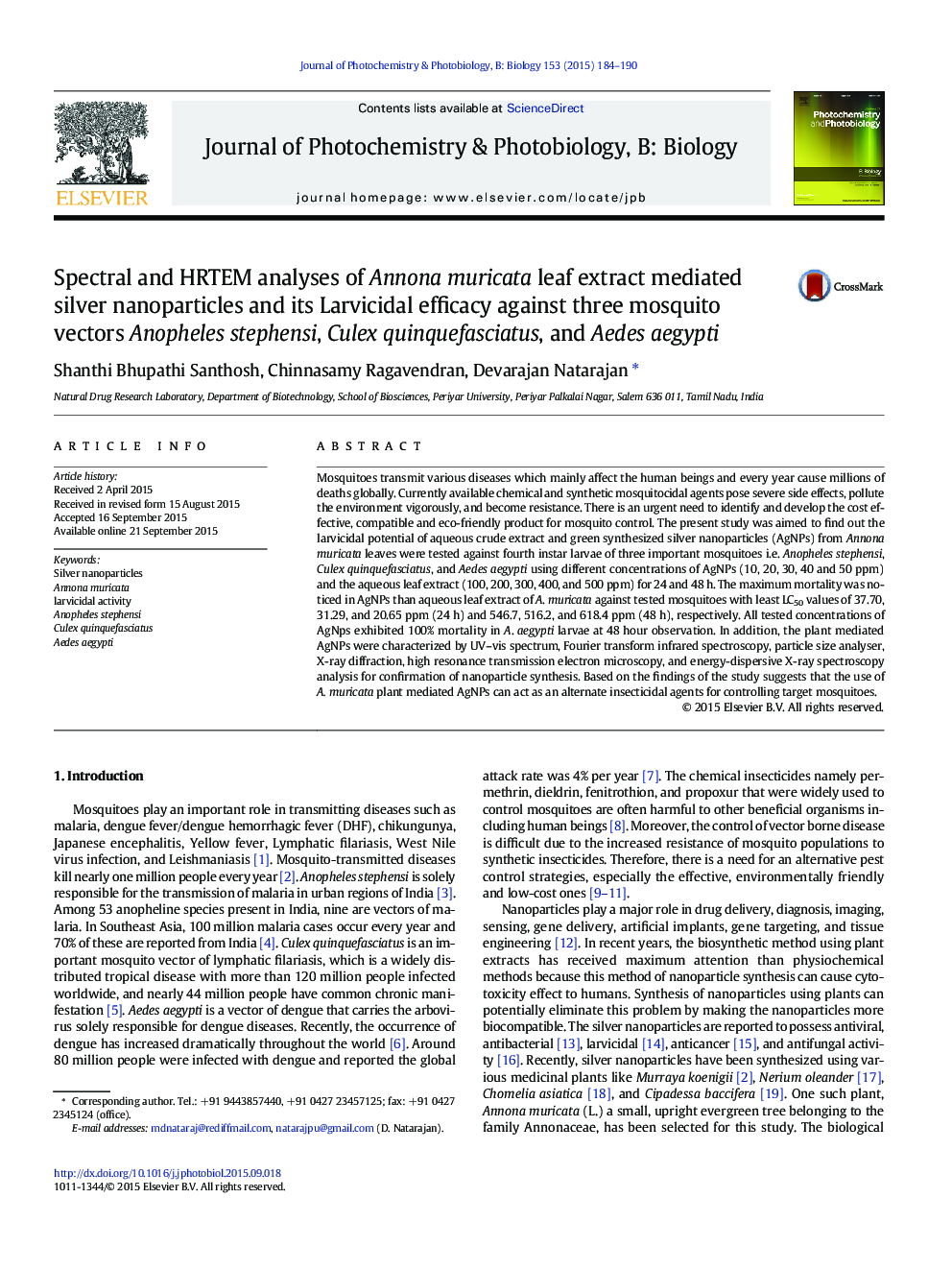 Spectral and HRTEM analyses of Annona muricata leaf extract mediated silver nanoparticles and its Larvicidal efficacy against three mosquito vectors Anopheles stephensi, Culex quinquefasciatus, and Aedes aegypti