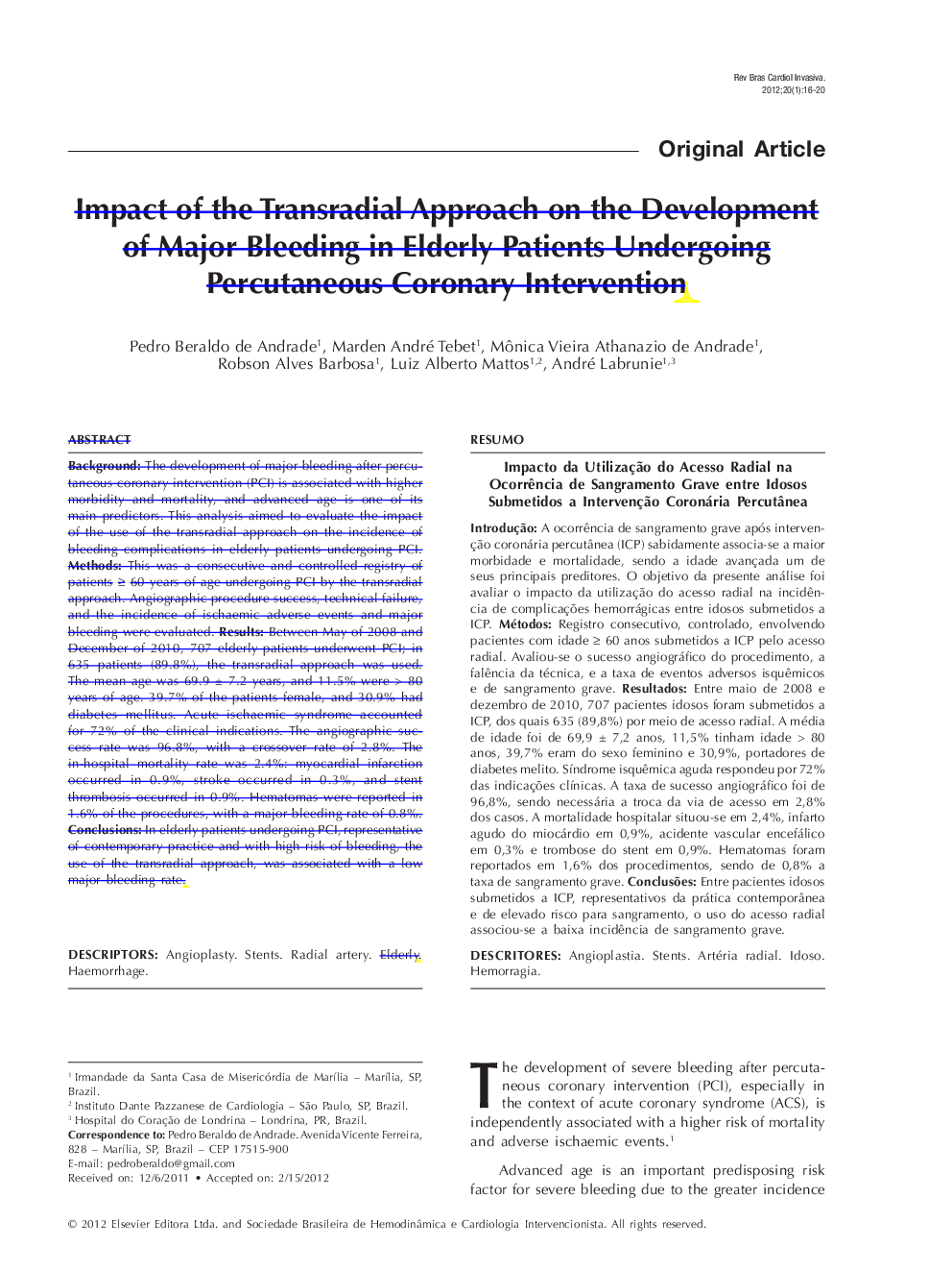 Impact of the transradial approach in the occurrence of major bleeding in elderly patients undergoing percutaneous coronary intervention