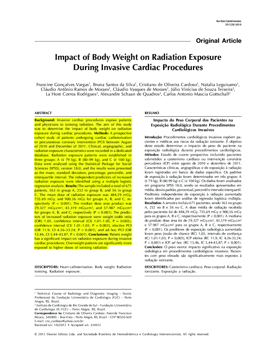 Impact of Body Weight on Radiation Exposure During Invasive Cardiac Procedures