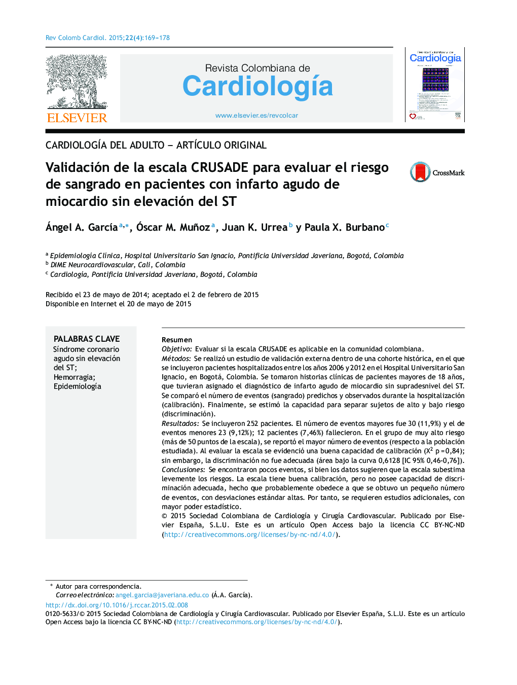 Validación de la escala CRUSADE para evaluar el riesgo de sangrado en pacientes con infarto agudo de miocardio sin elevación del ST