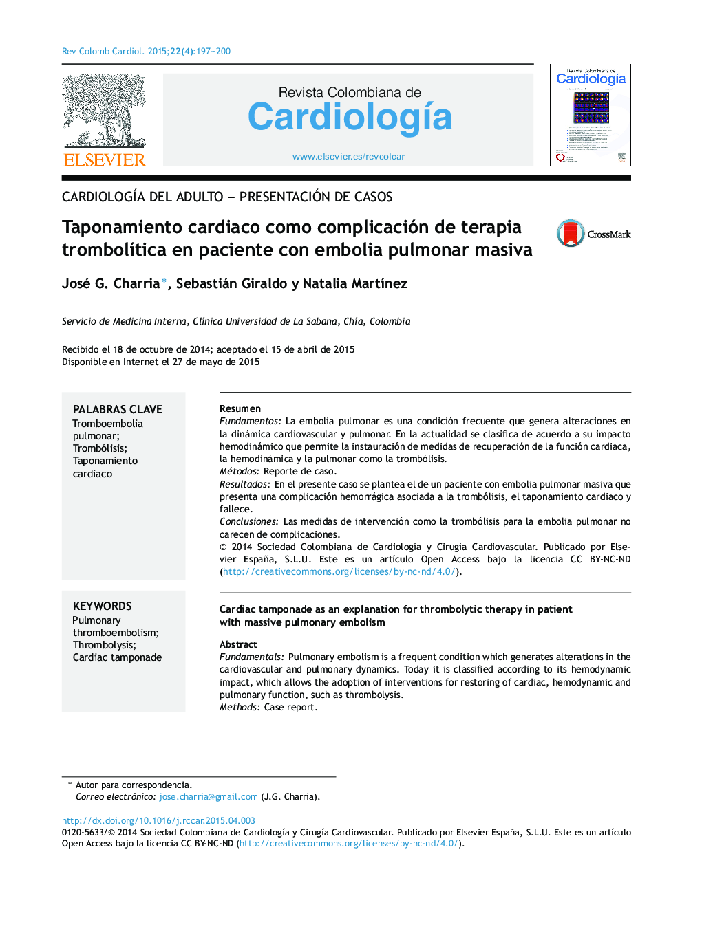 Taponamiento cardiaco como complicación de terapia trombolítica en paciente con embolia pulmonar masiva