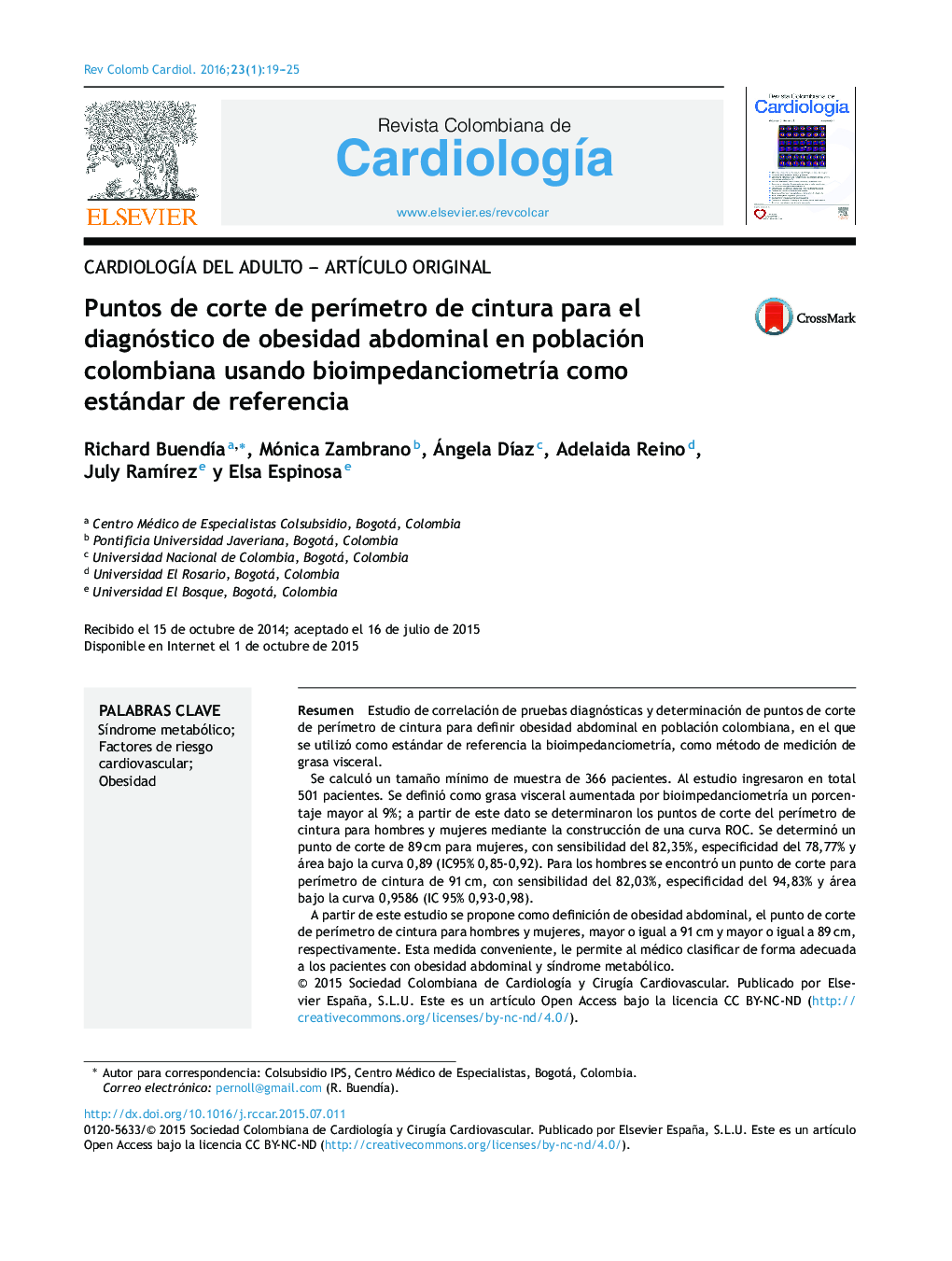 Puntos de corte de perímetro de cintura para el diagnóstico de obesidad abdominal en población colombiana usando bioimpedanciometría como estándar de referencia