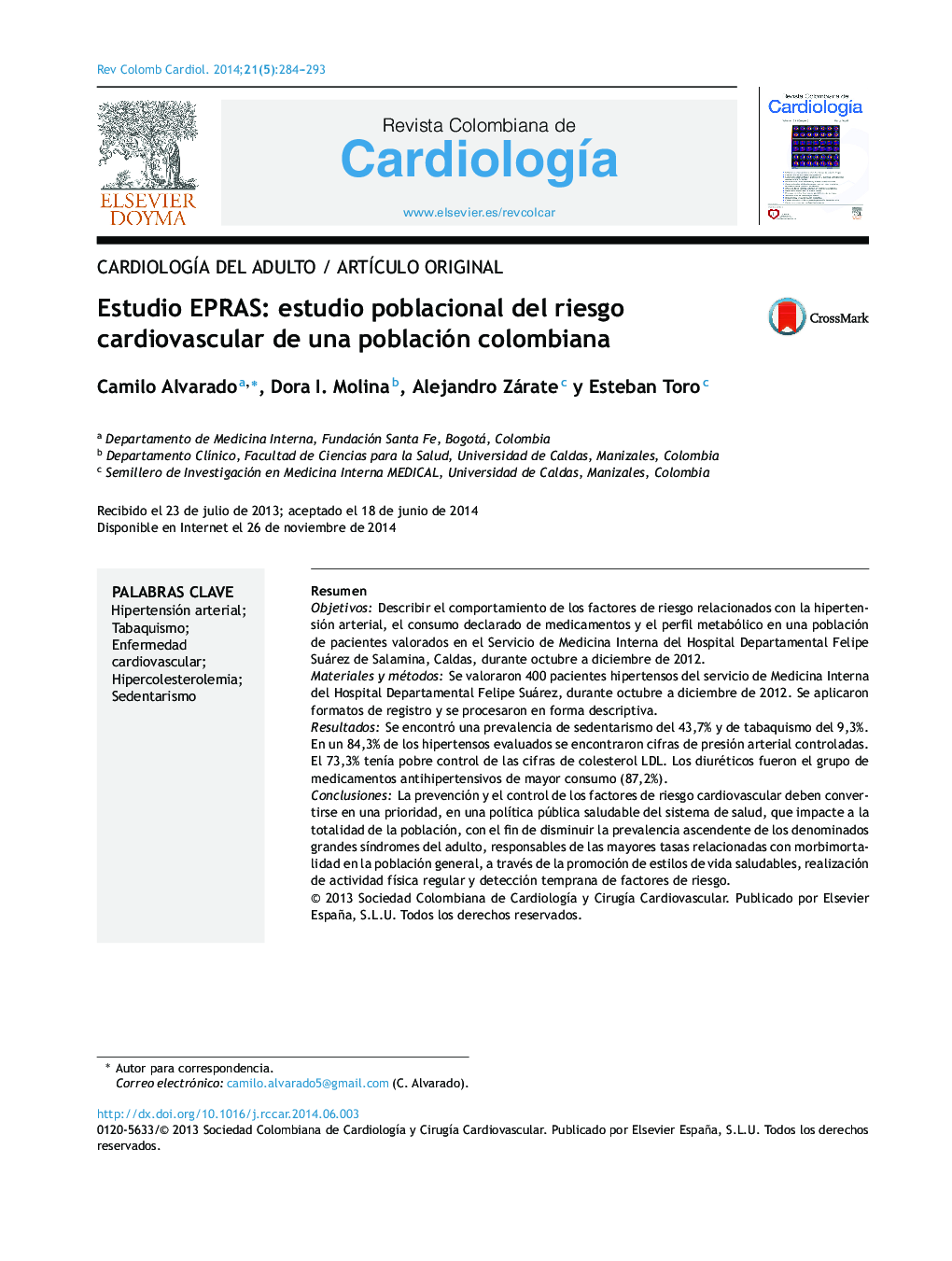 Estudio EPRAS: estudio poblacional del riesgo cardiovascular de una población colombiana
