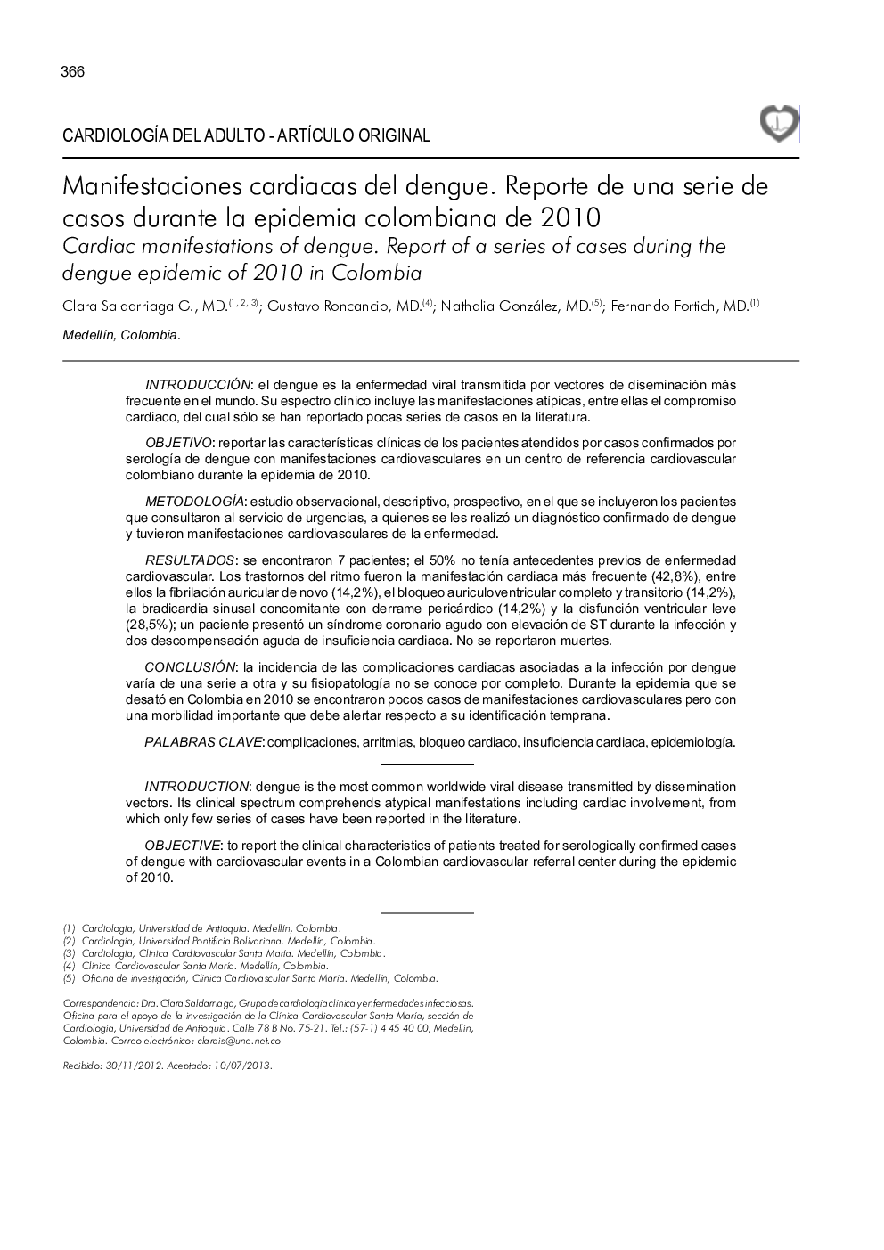 Manifestaciones cardiacas del dengue. Reporte de una serie de casos durante la epidemia colombiana de 2010