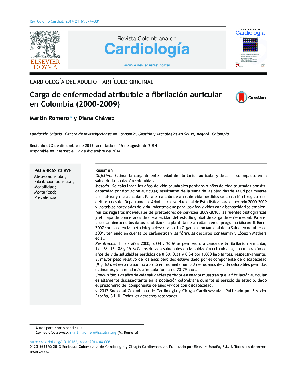 Carga de enfermedad atribuible a fibrilación auricular en Colombia (2000-2009)