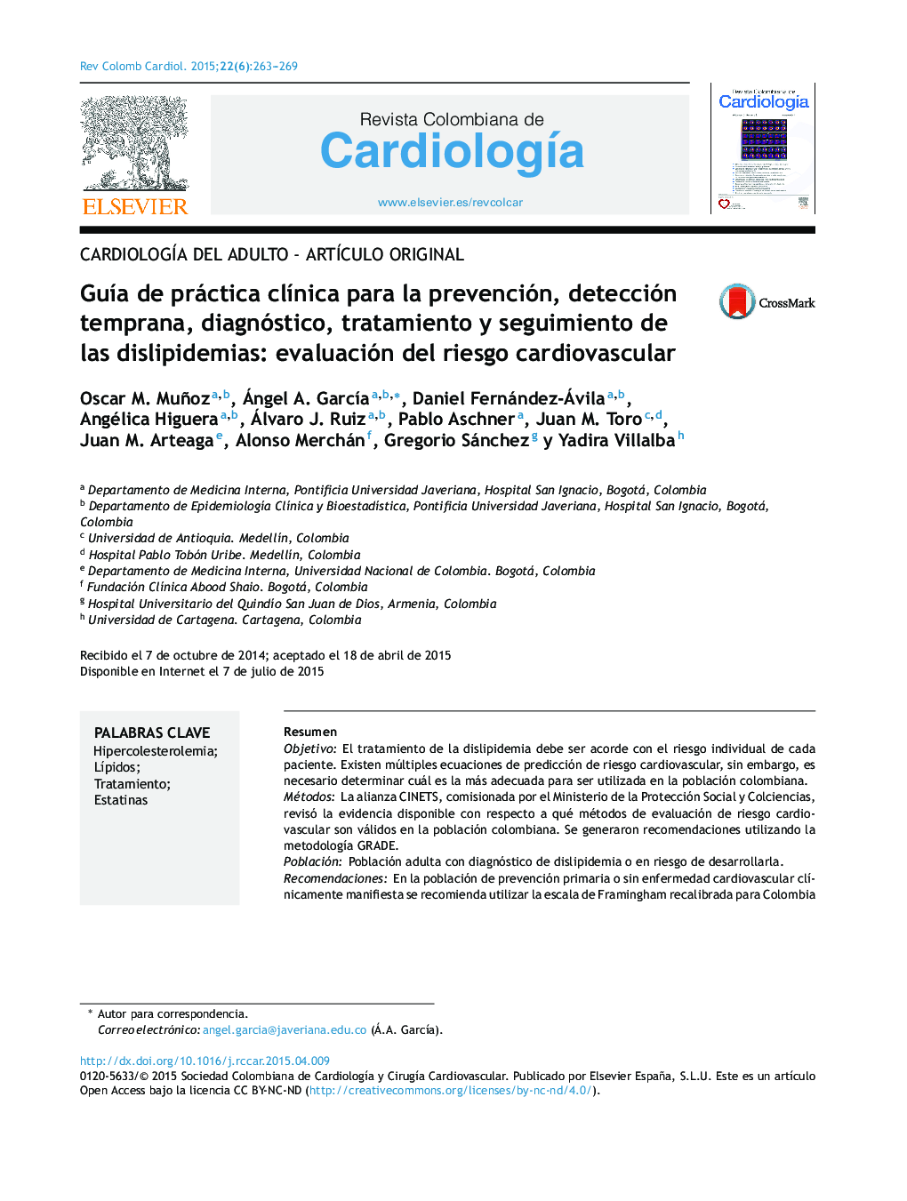 Guía de práctica clínica para la prevención, detección temprana, diagnóstico, tratamiento y seguimiento de las dislipidemias: evaluación del riesgo cardiovascular