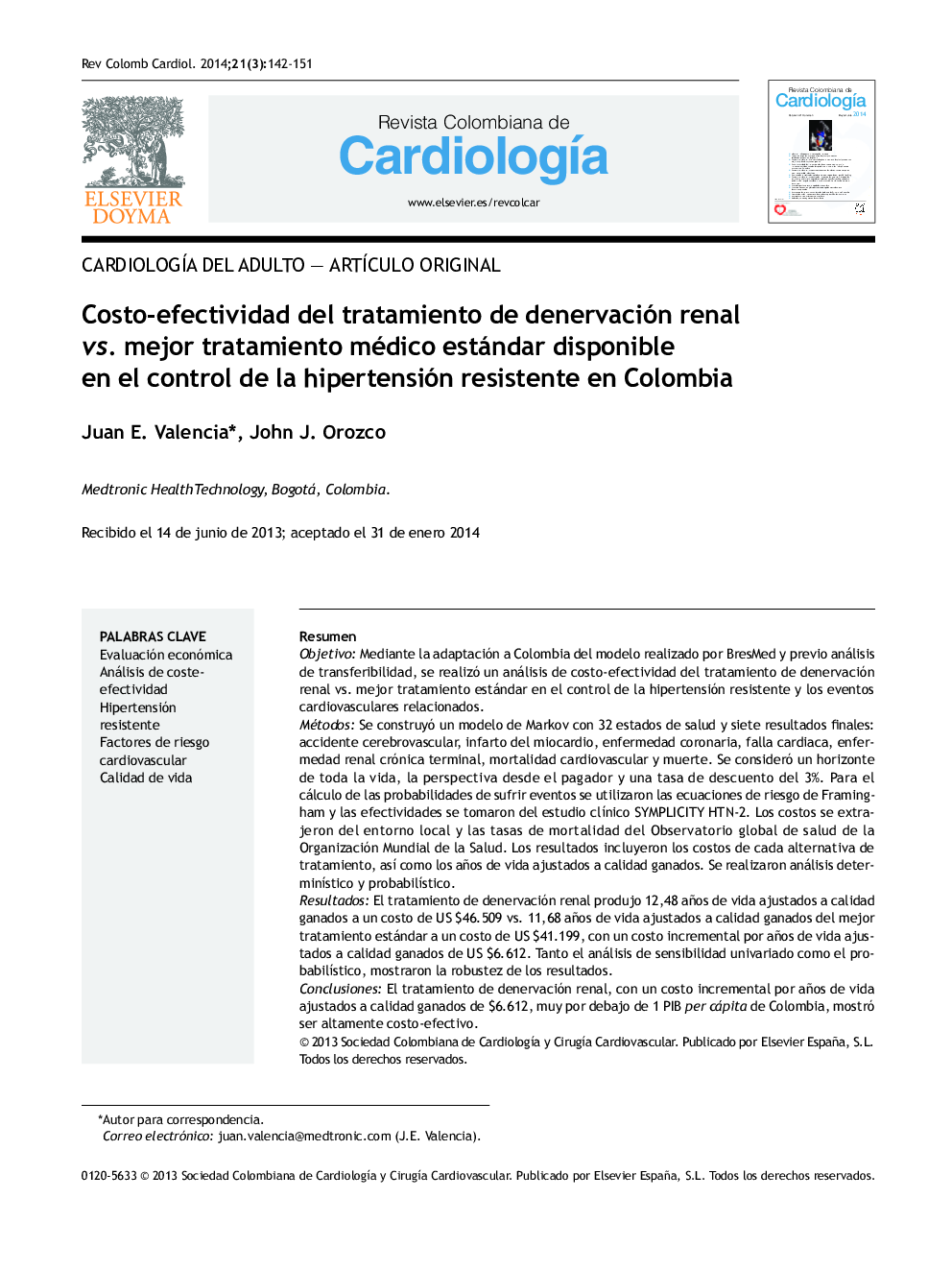 Costo-efectividad del tratamiento de denervación renal vs. mejor tratamiento médico estándar disponible en el control de la hipertensión resistente en Colombia